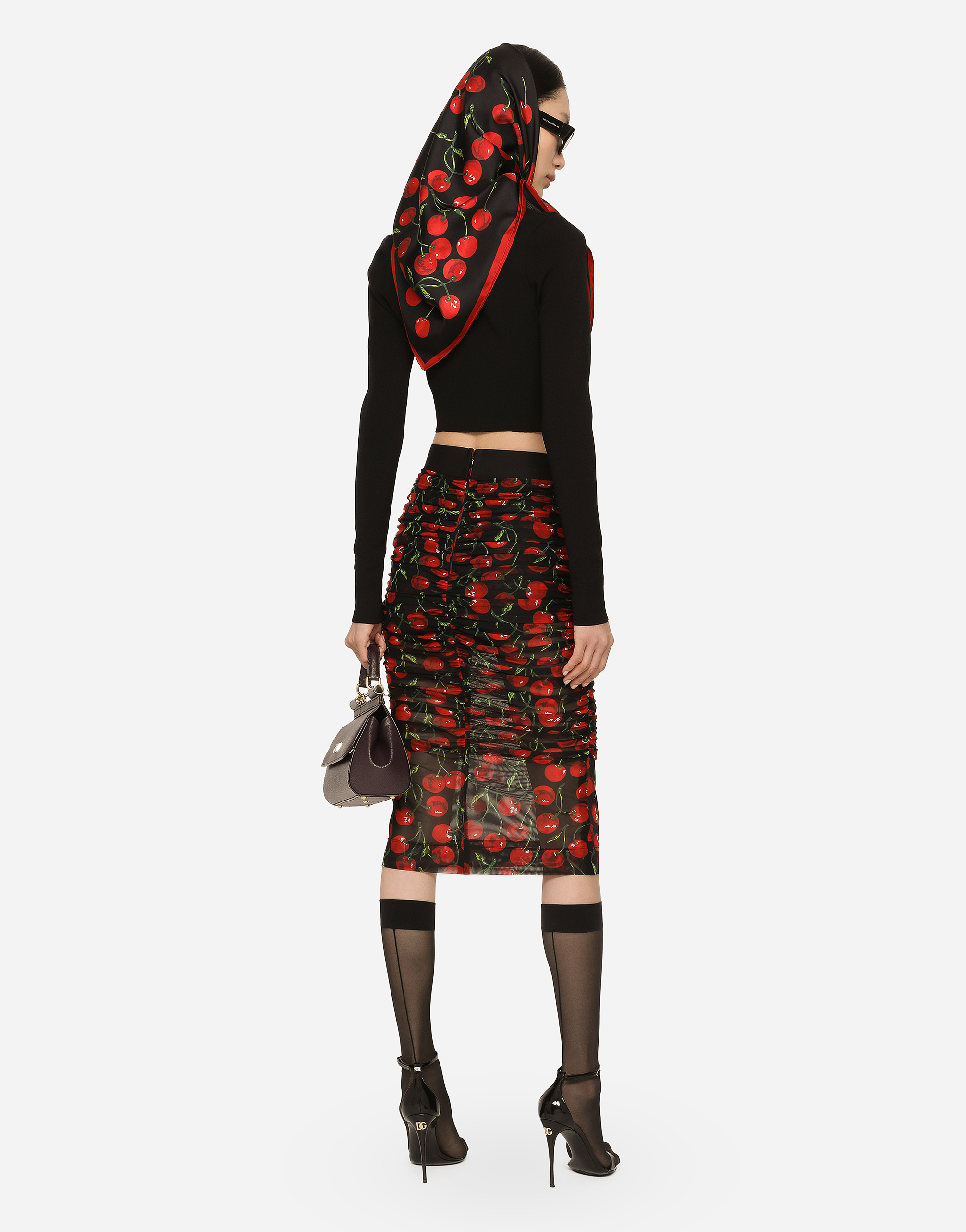 DOLCE & GABBANA CHERRY-PRINT TULLE MIDI SKIRT WITH BRANDED ELASTIC AND DRAPING