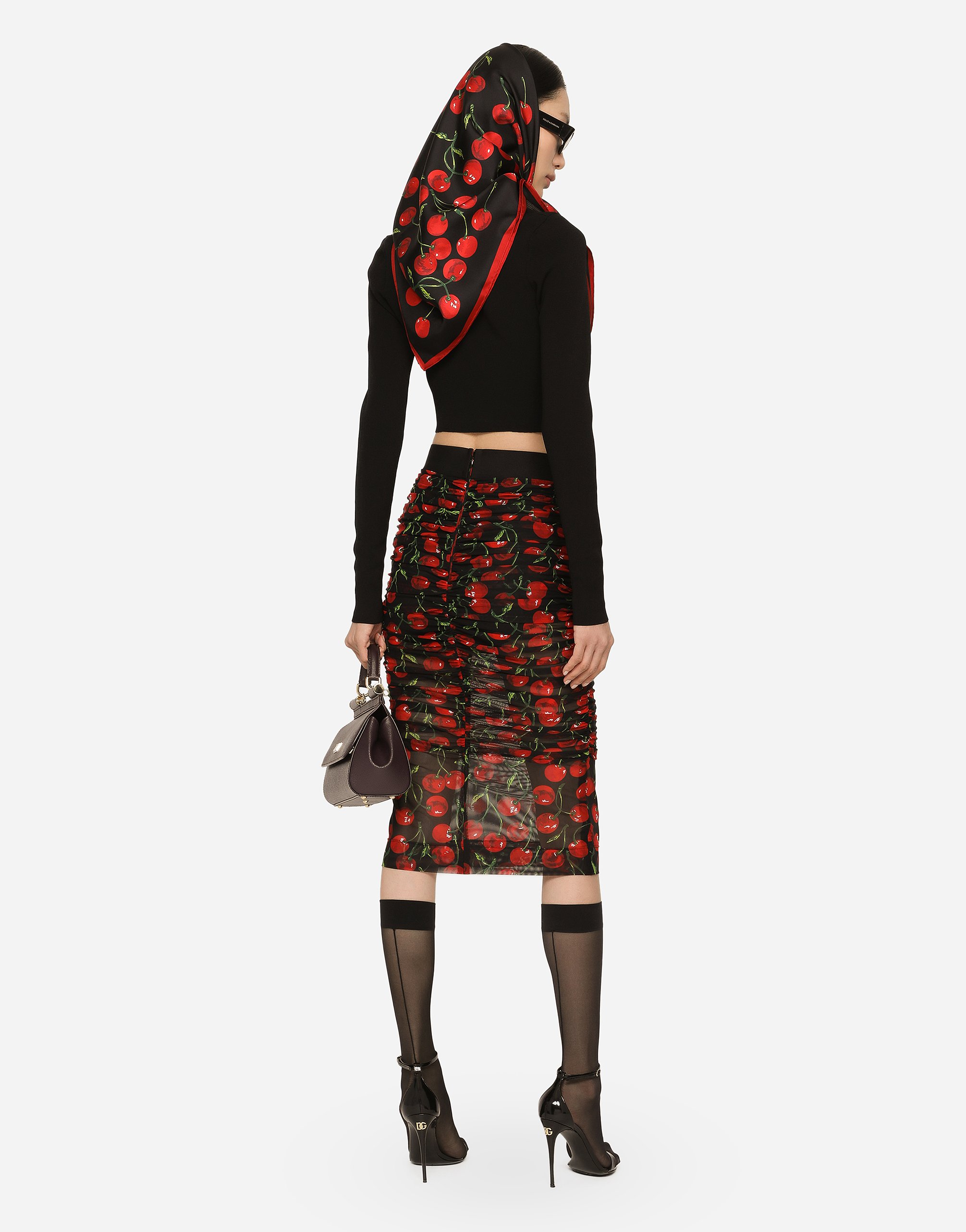 Shop Dolce & Gabbana Cherry-print Tulle Midi Skirt With Branded Elastic And Draping In Multicolor