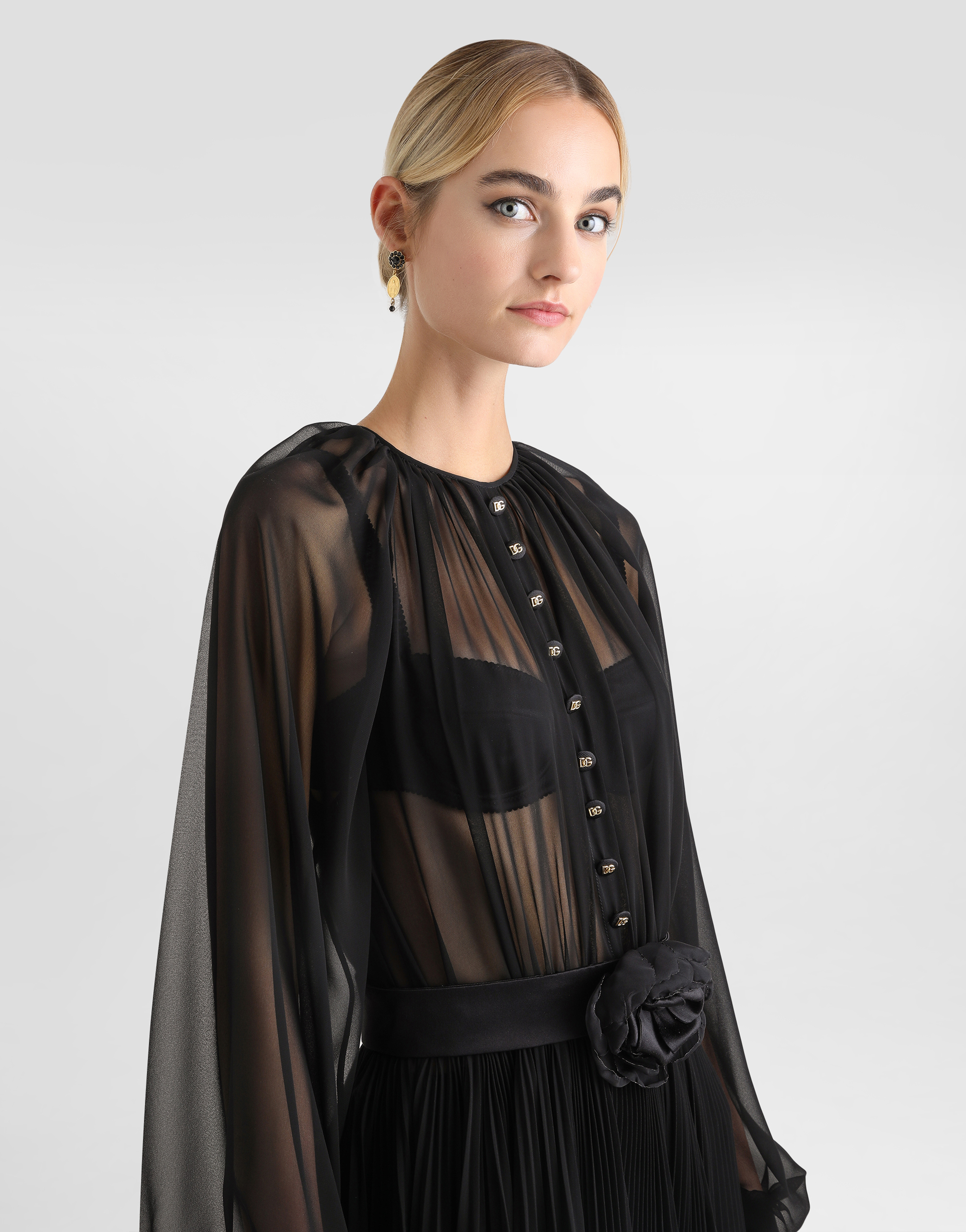 Dolce & Gabbana Calf-length Babydoll Dress With Pleated Skirt In Black