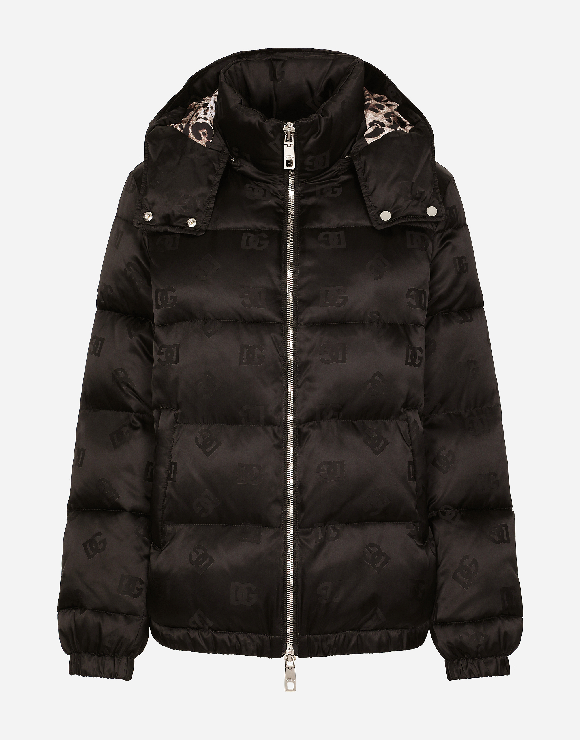 Dolce & Gabbana Satin Jacquard Down Jacket With All-over Dg Logo In Black