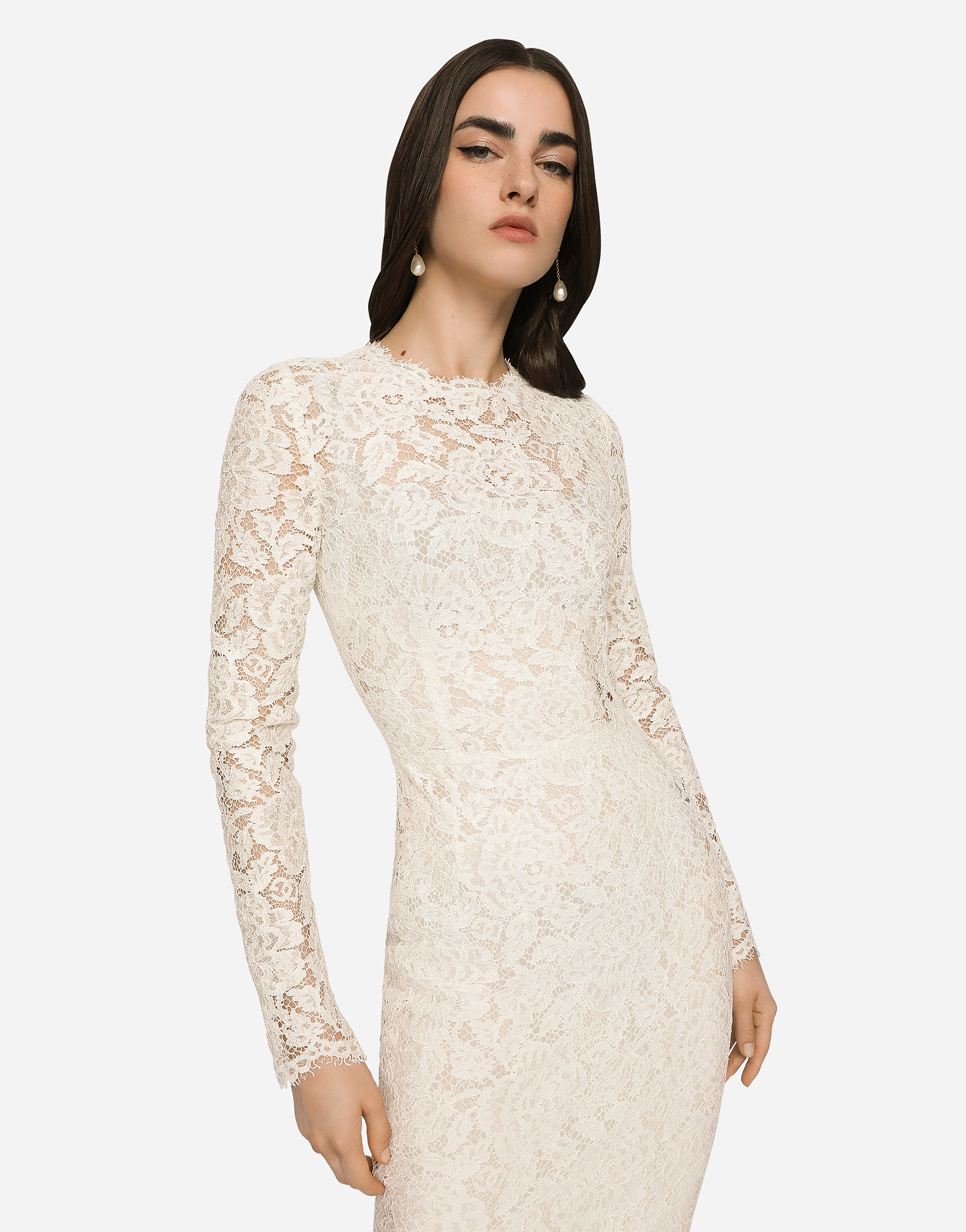 Shop Dolce & Gabbana Long-sleeved Branded Stretch Lace Dress In White