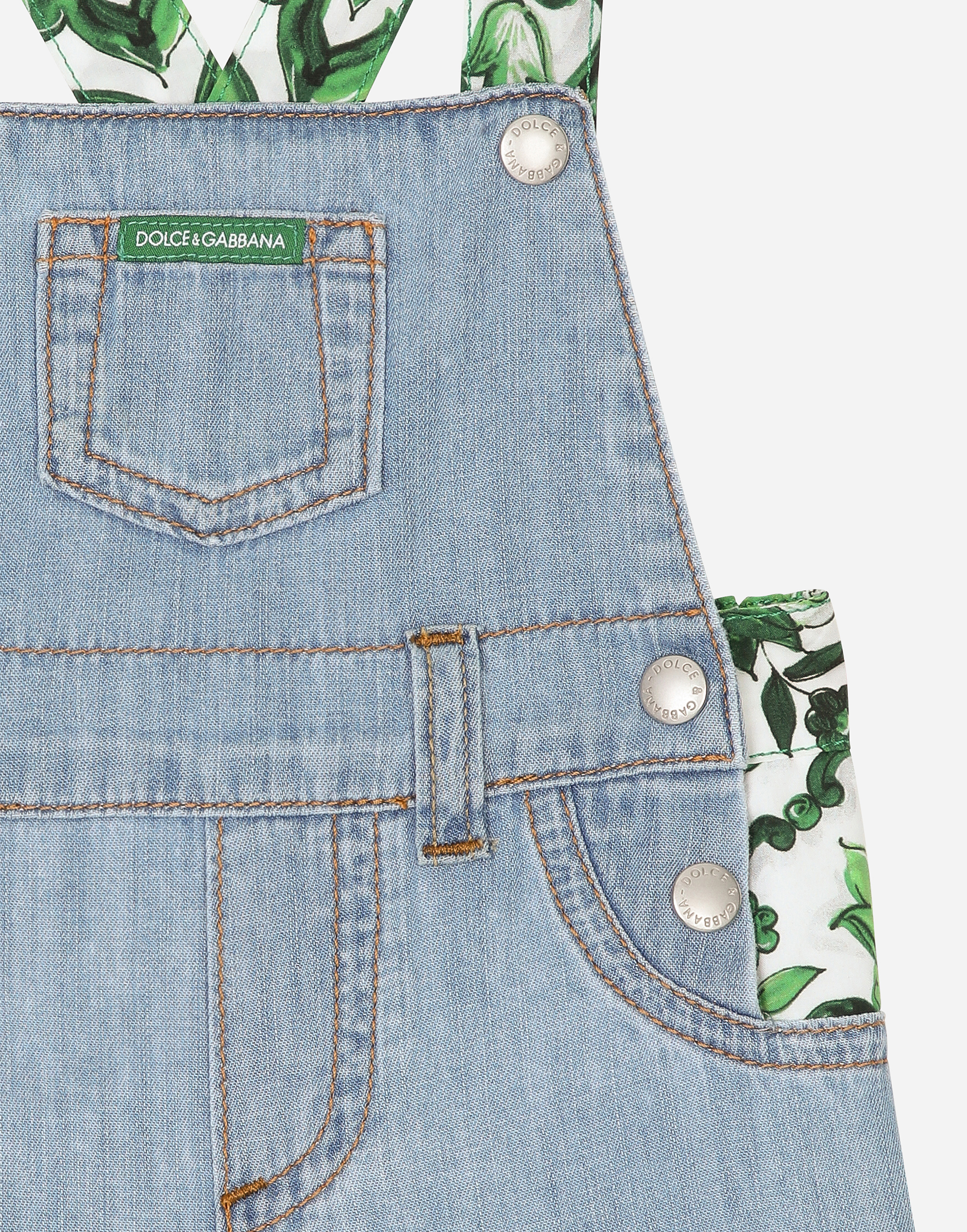 Poplin and denim dungarees with green majolica print