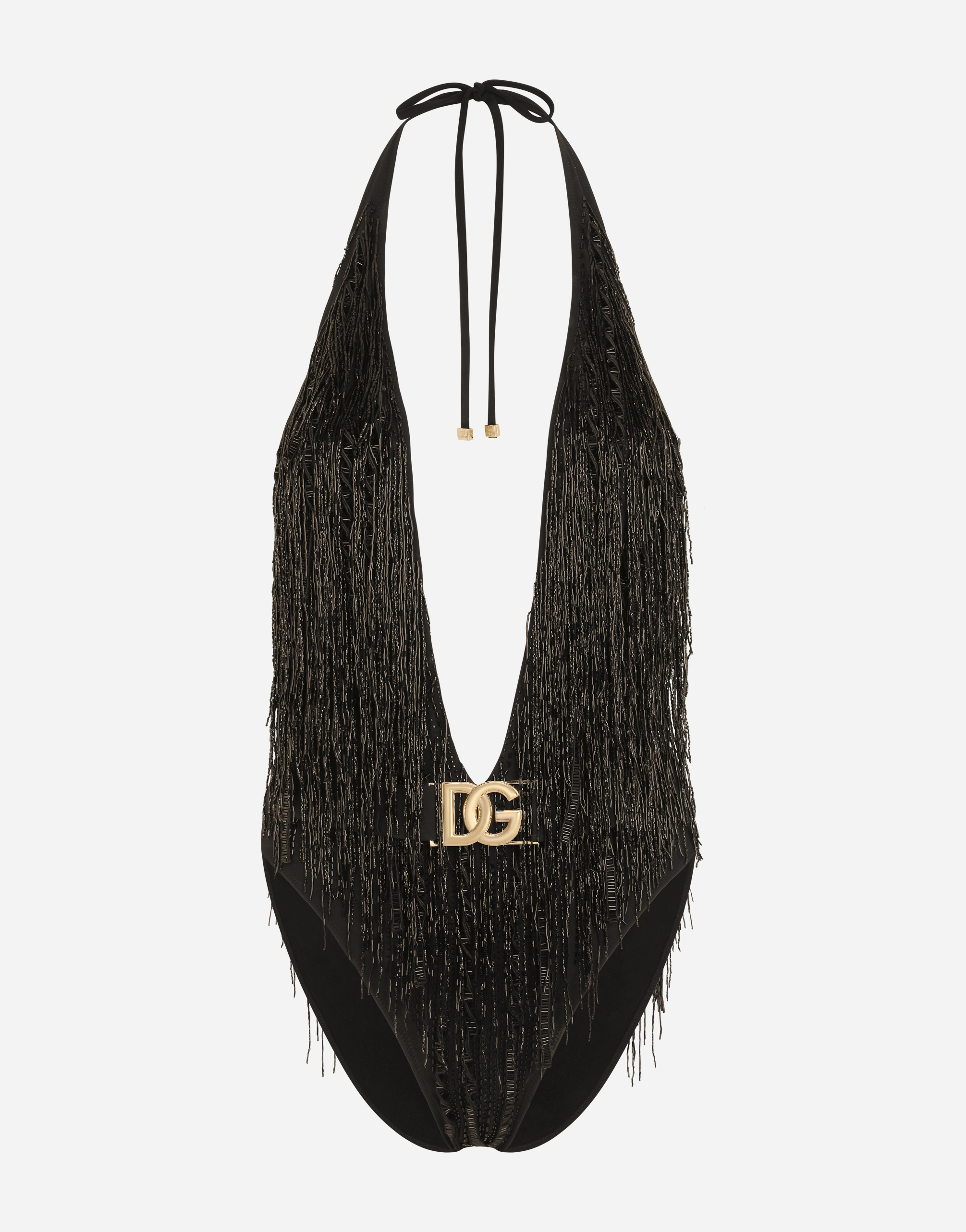 Dolce & Gabbana One-piece Swimsuit With Bead Fringing In Black