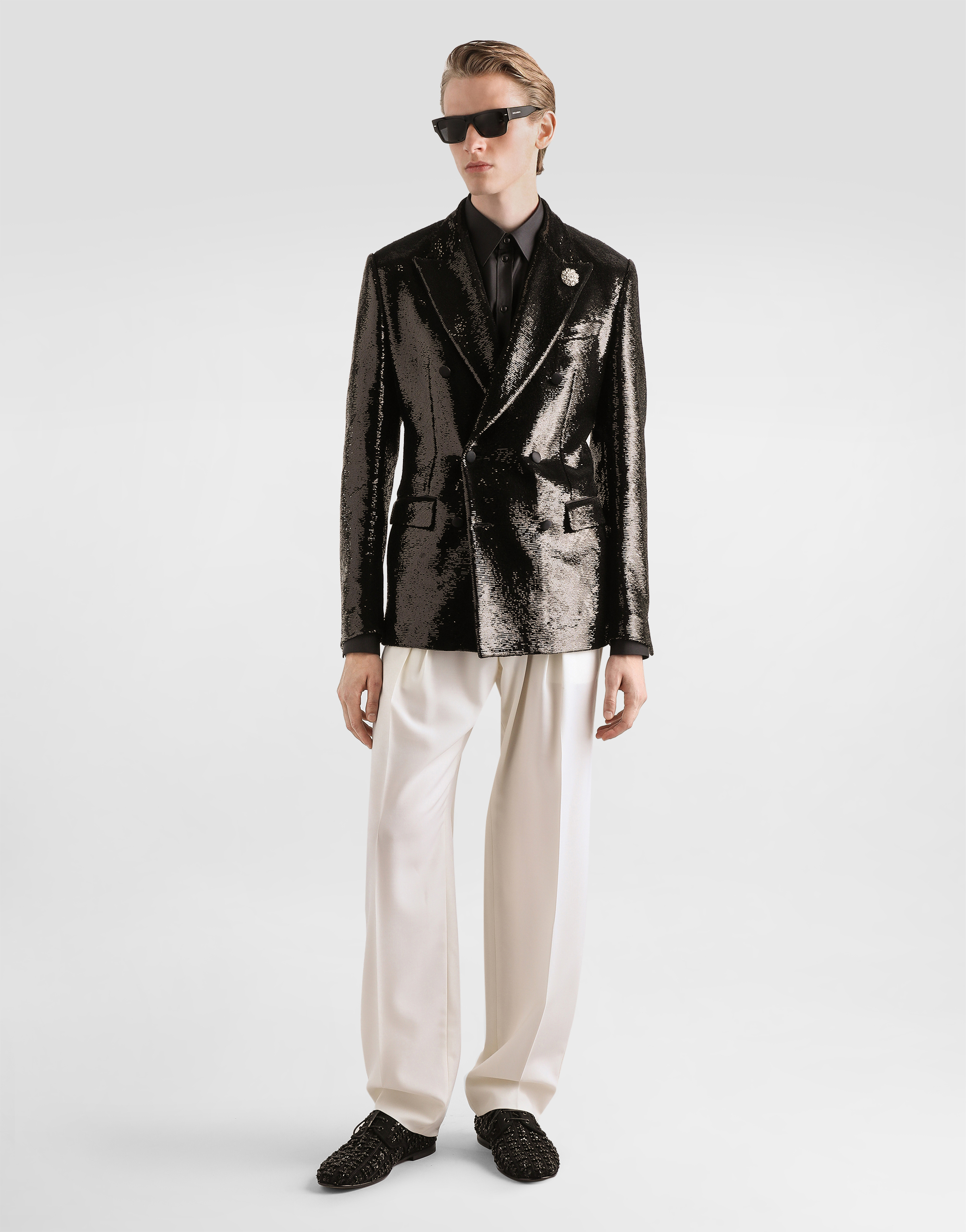  Dolce & Gabbana Double-breasted Sicilia Light Jacket With Sequins - Man Suits And Blazers Black Sequins 48 