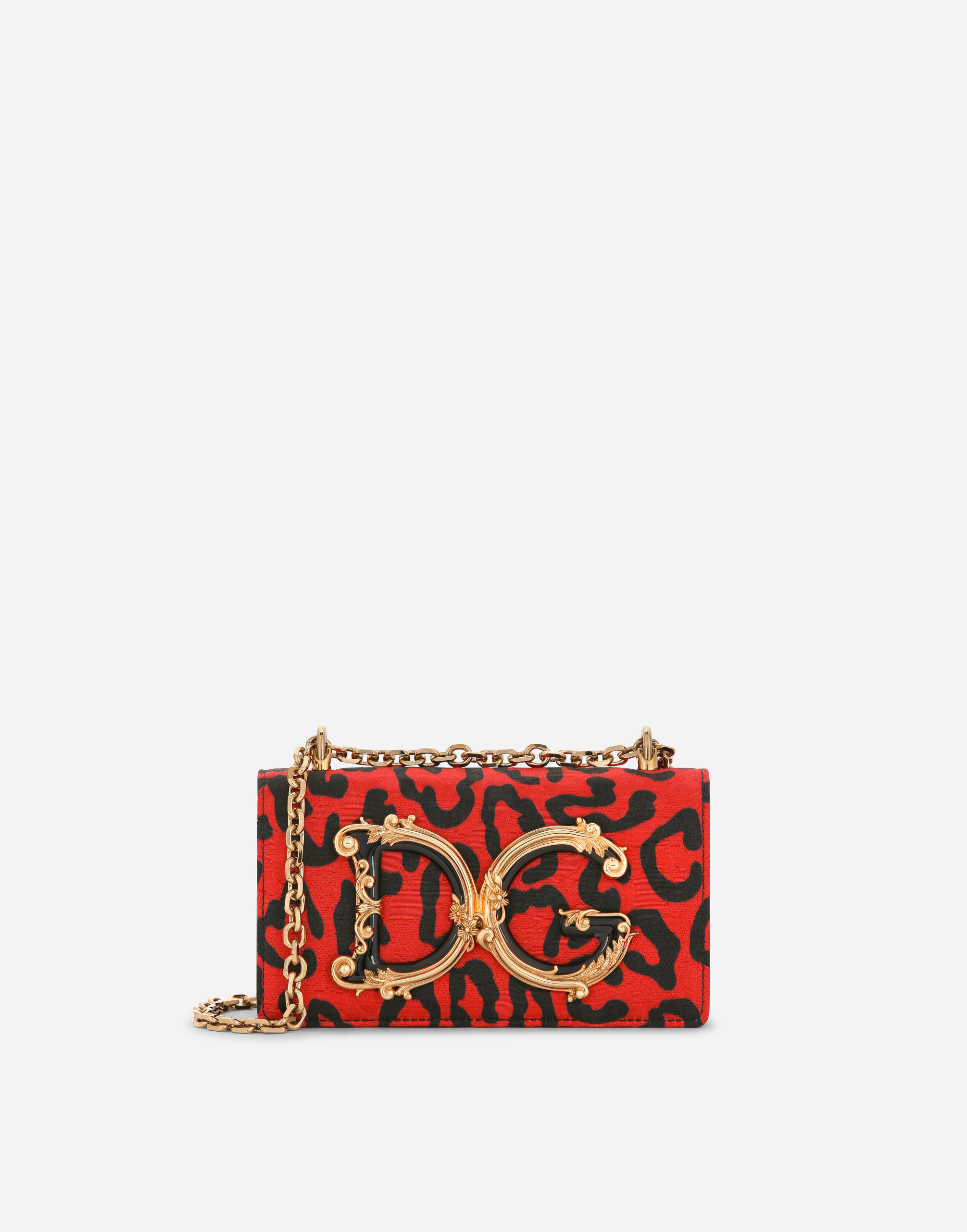 DOLCE & GABBANA LEOPARD-PRINT BROCADE DG GIRLS PHONE BAG