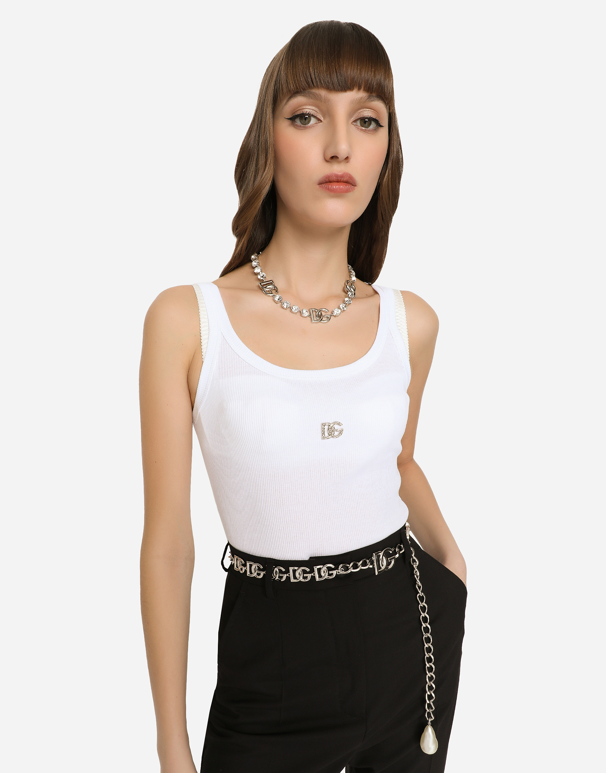 DOLCE & GABBANA FINE-RIB TANK TOP WITH CRYSTAL DG LOGO