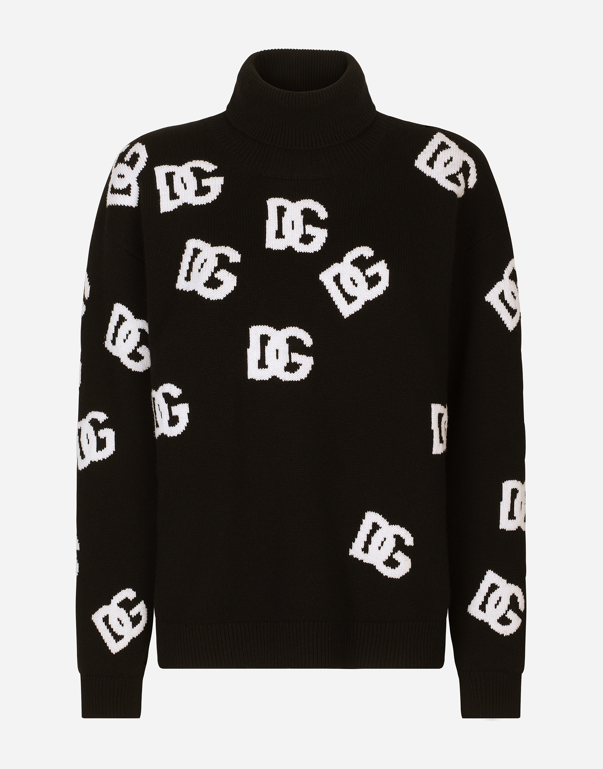 Dolce & Gabbana Black/white Turtleneck Sweater With Dg Inlay In Multicolor