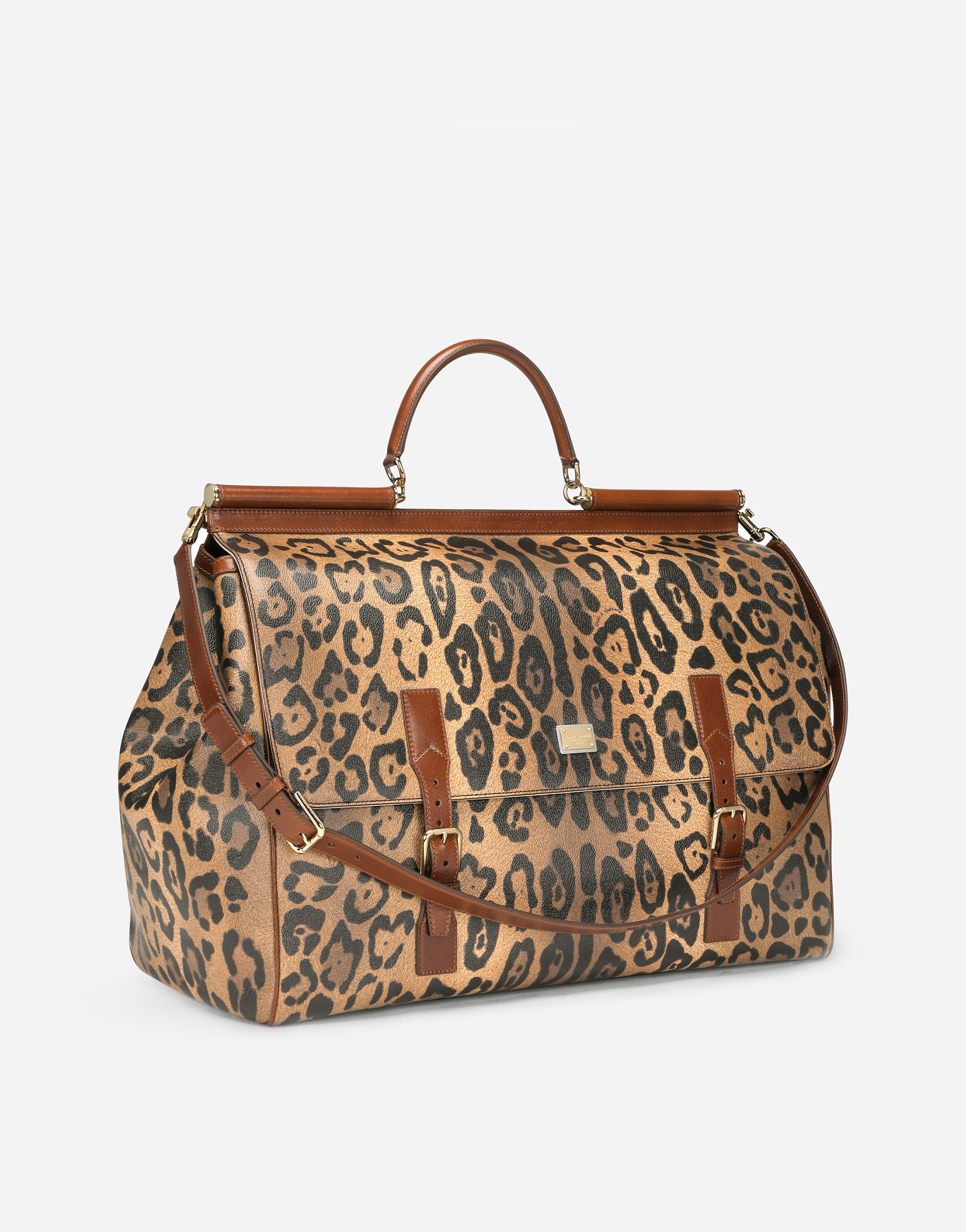 Medium travel bag in leopard print Crespo with branded plate in