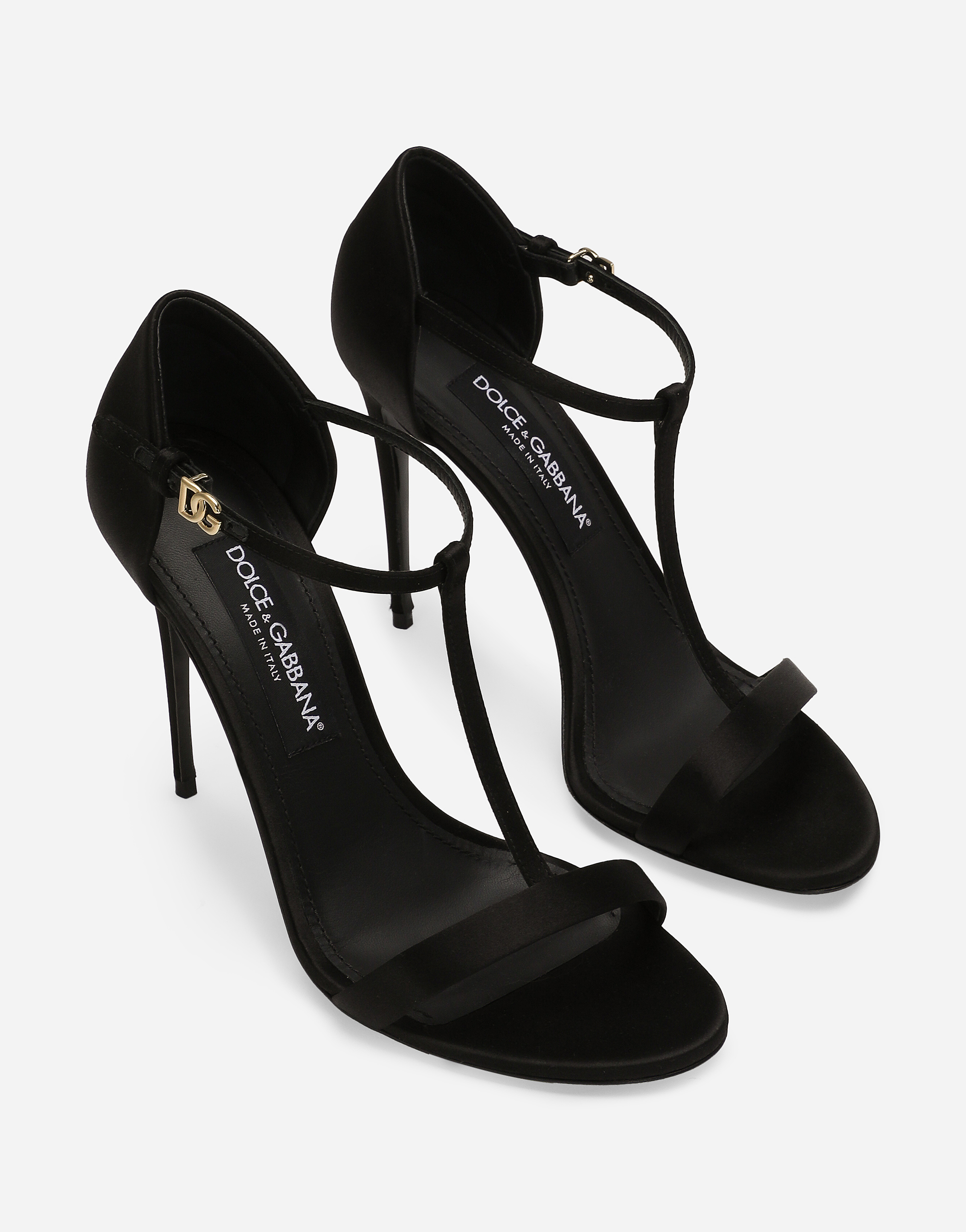 Dolce & Gabbana T-strap Sandals With Heel And Iconic Branding In Black