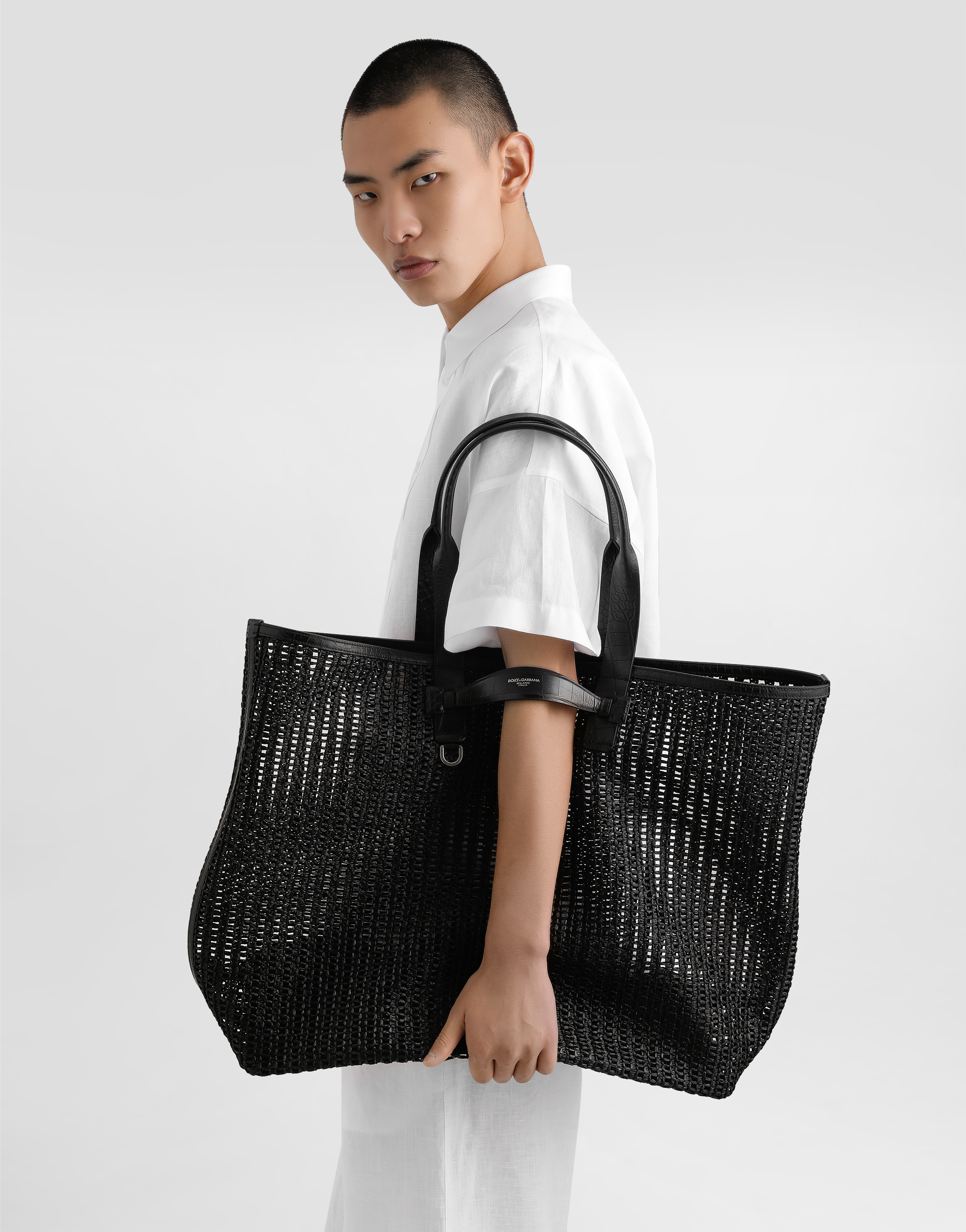 Dolce & Gabbana Woven Mesh And Calfskin Shopper In Black