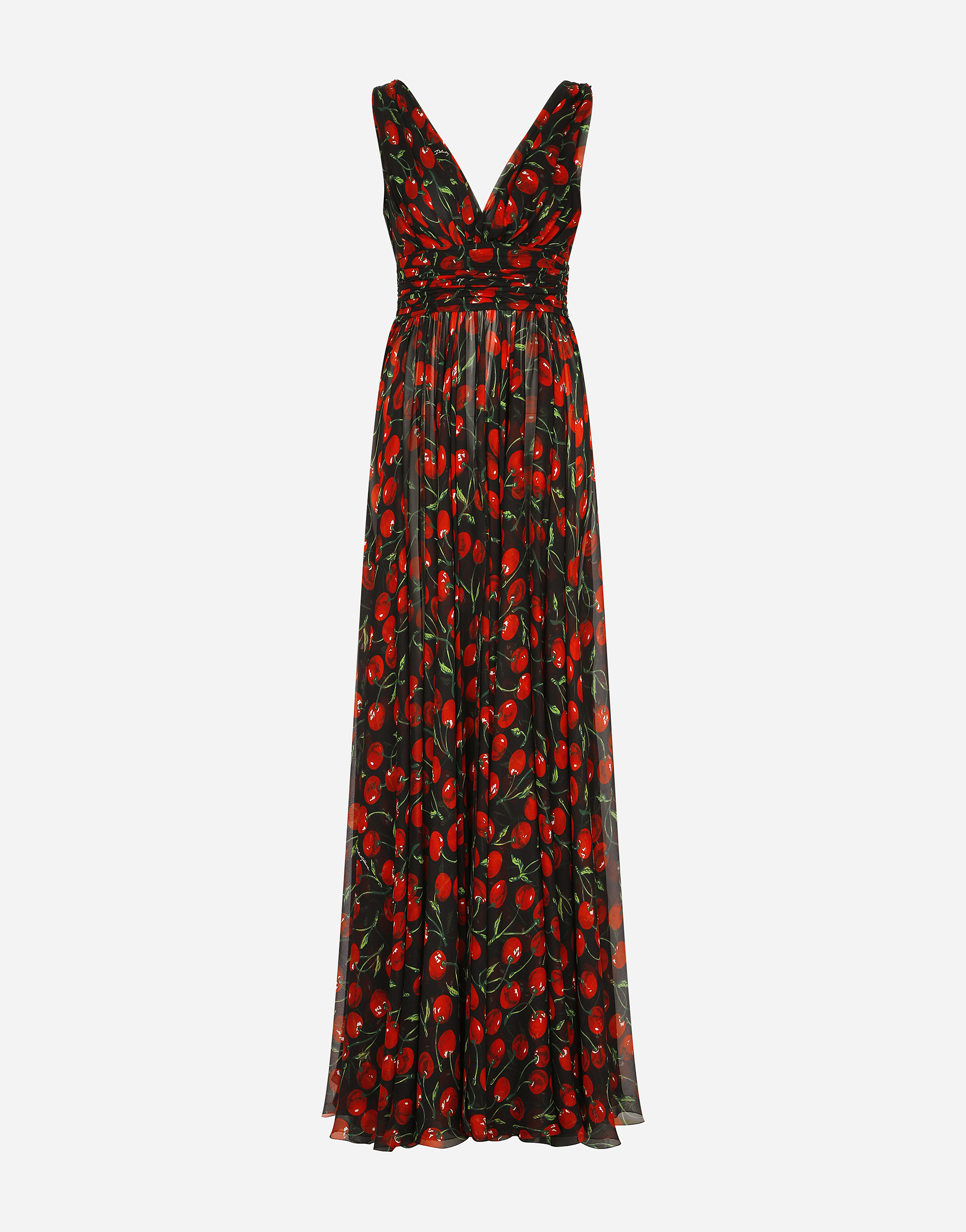 Dolce & Gabbana Long Cherry-print Chiffon Dress In Multicolor