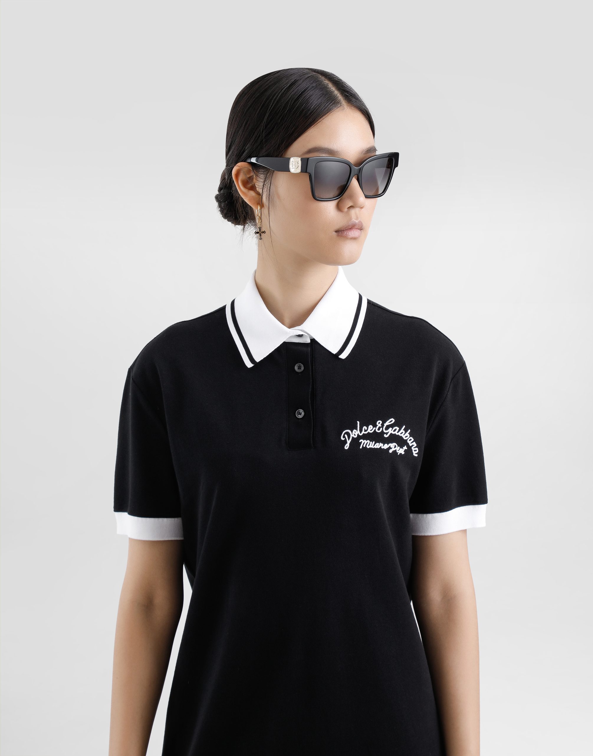 Dolce & Gabbana Cotton Piqué Dress With Dg Logo Embroidery In Black