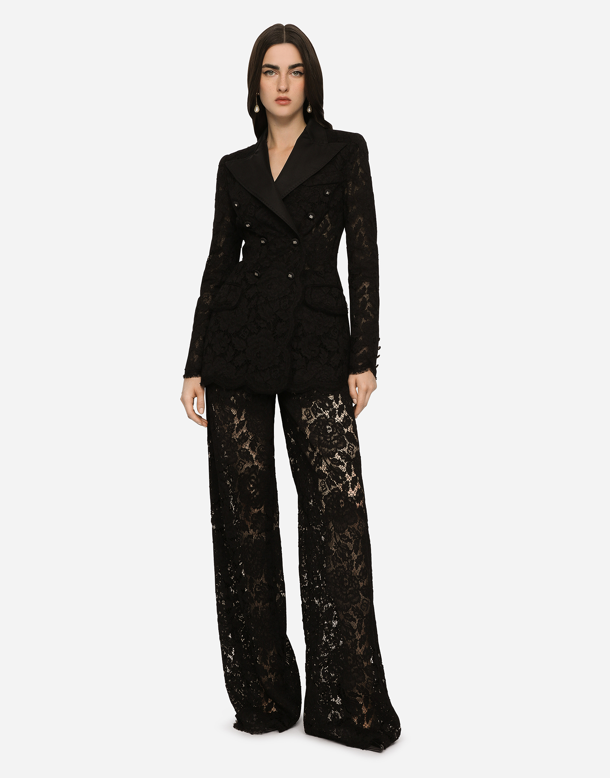 Shop Dolce & Gabbana Flared Branded Stretch Lace Pants In Black
