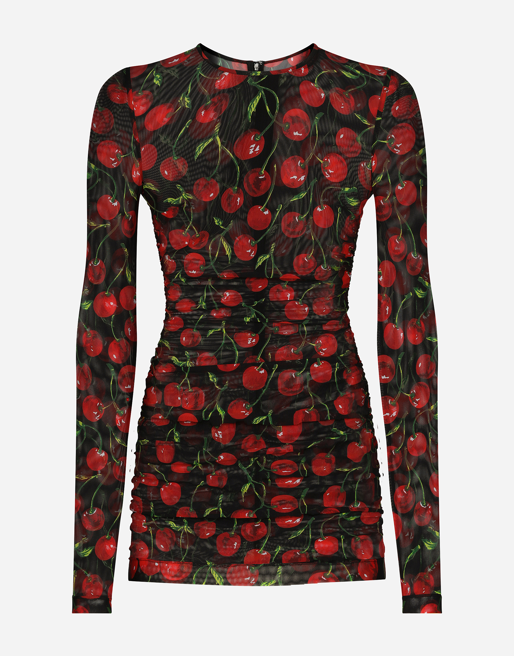 DOLCE & GABBANA LONG-SLEEVED TULLE TOP WITH CHERRY PRINT AND DRAPING