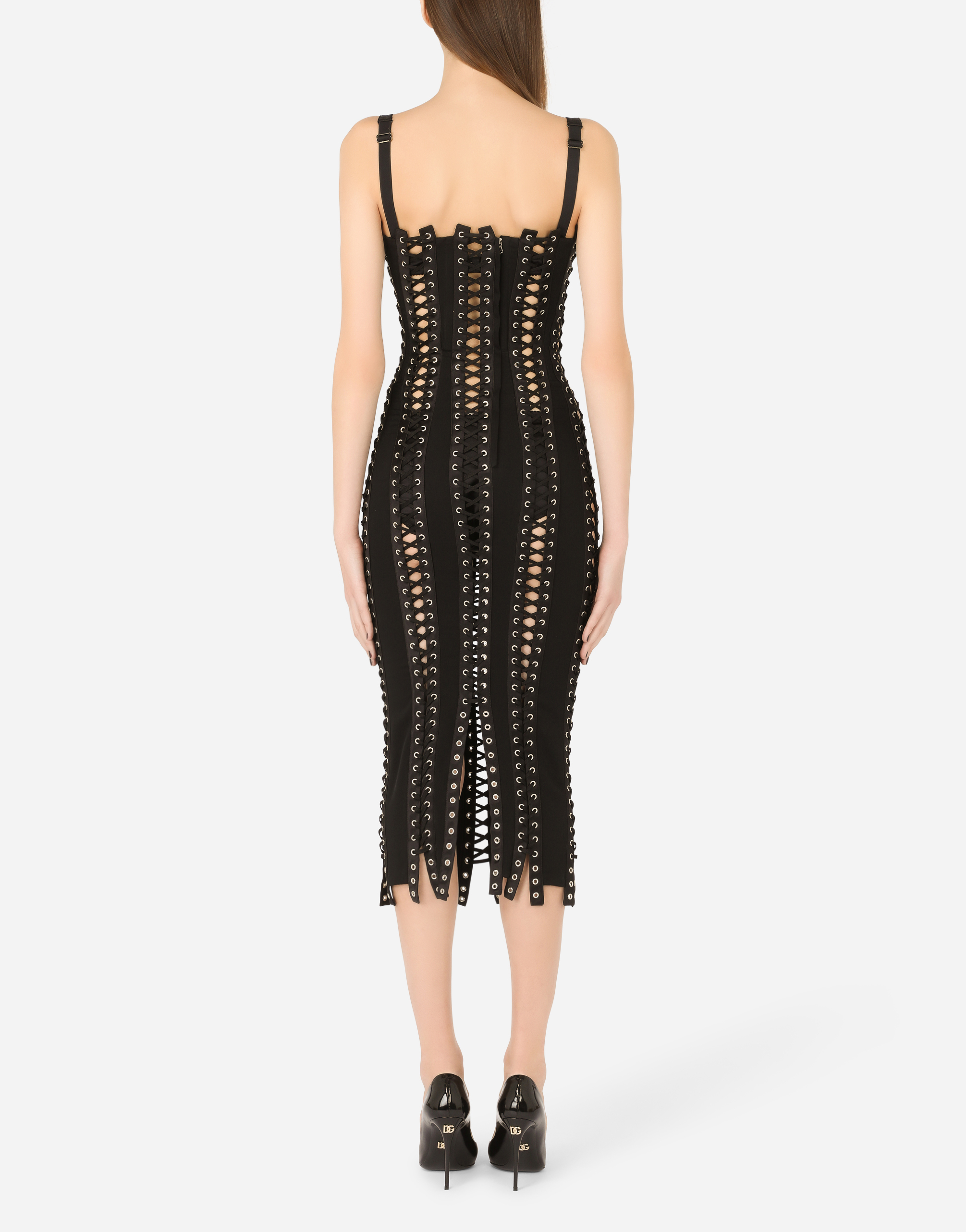 Dolce & Gabbana Charmeuse Calf-length Dress With Laces And Eyelets In Black