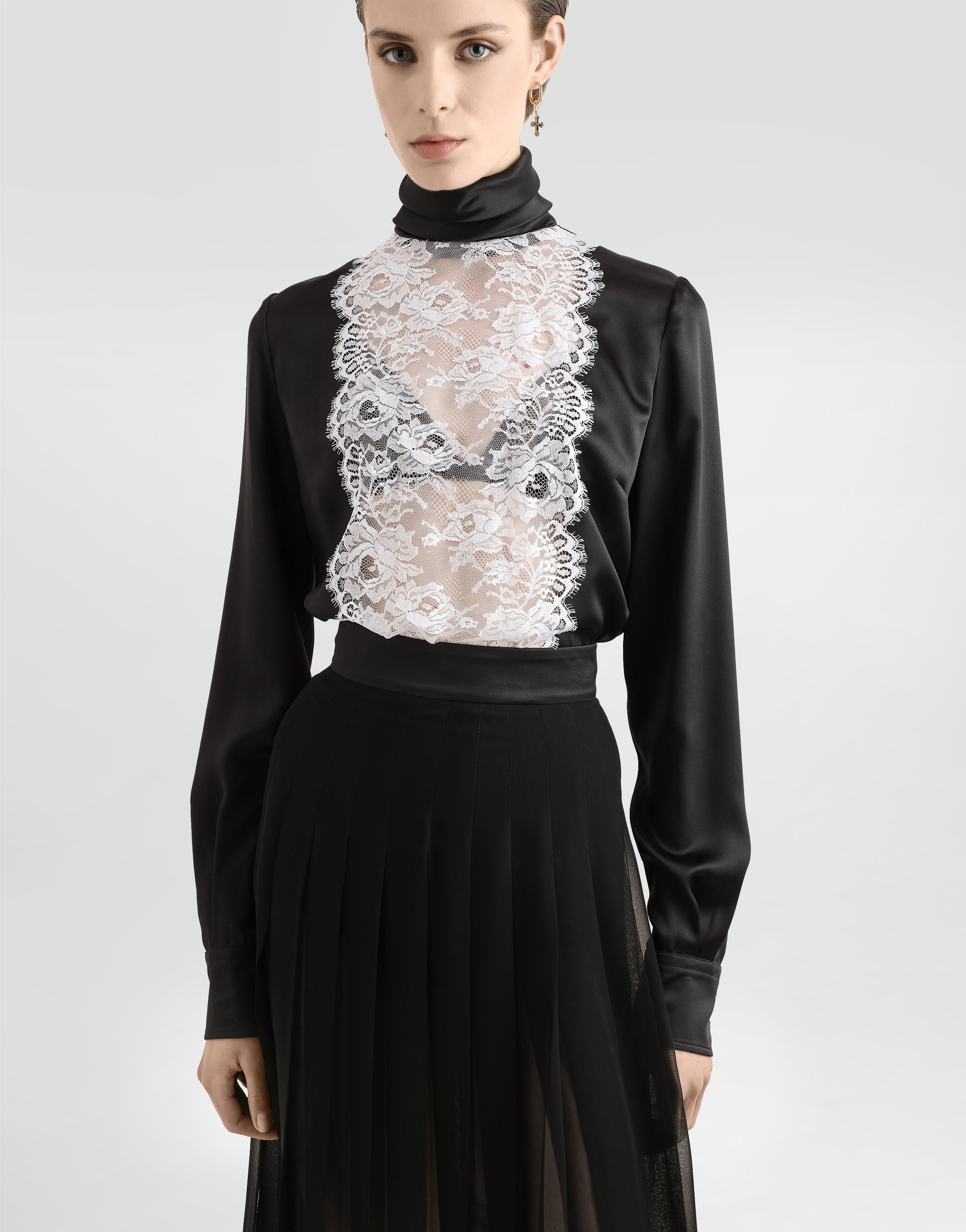 Dolce & Gabbana Satin Sack Top With Lace Shirt Front In Black