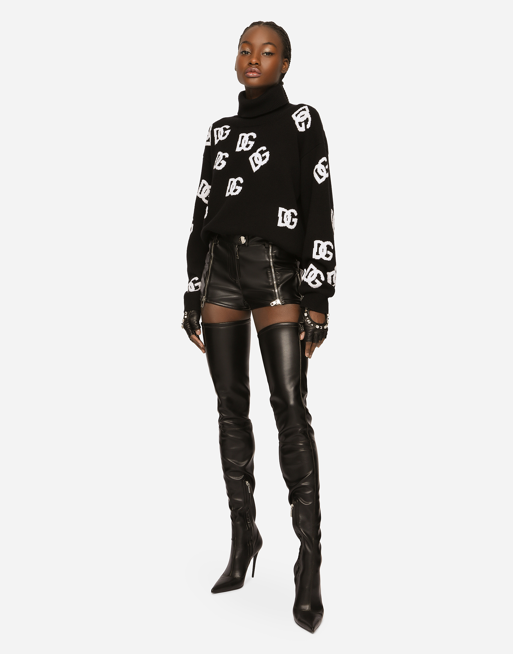 Dolce & Gabbana Black/white Turtleneck Sweater With Dg Inlay In Multicolor