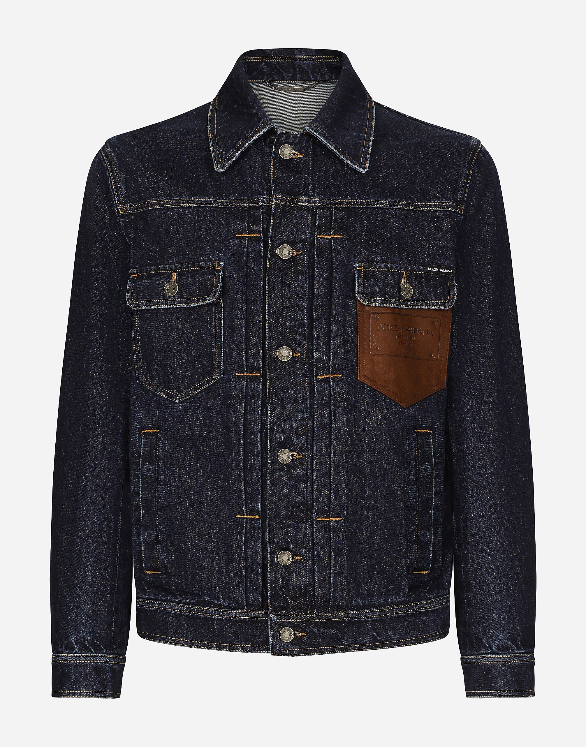 Dolce & Gabbana Denim Jacket With Embossed Tag On Leather - Man Denim Multi-colored