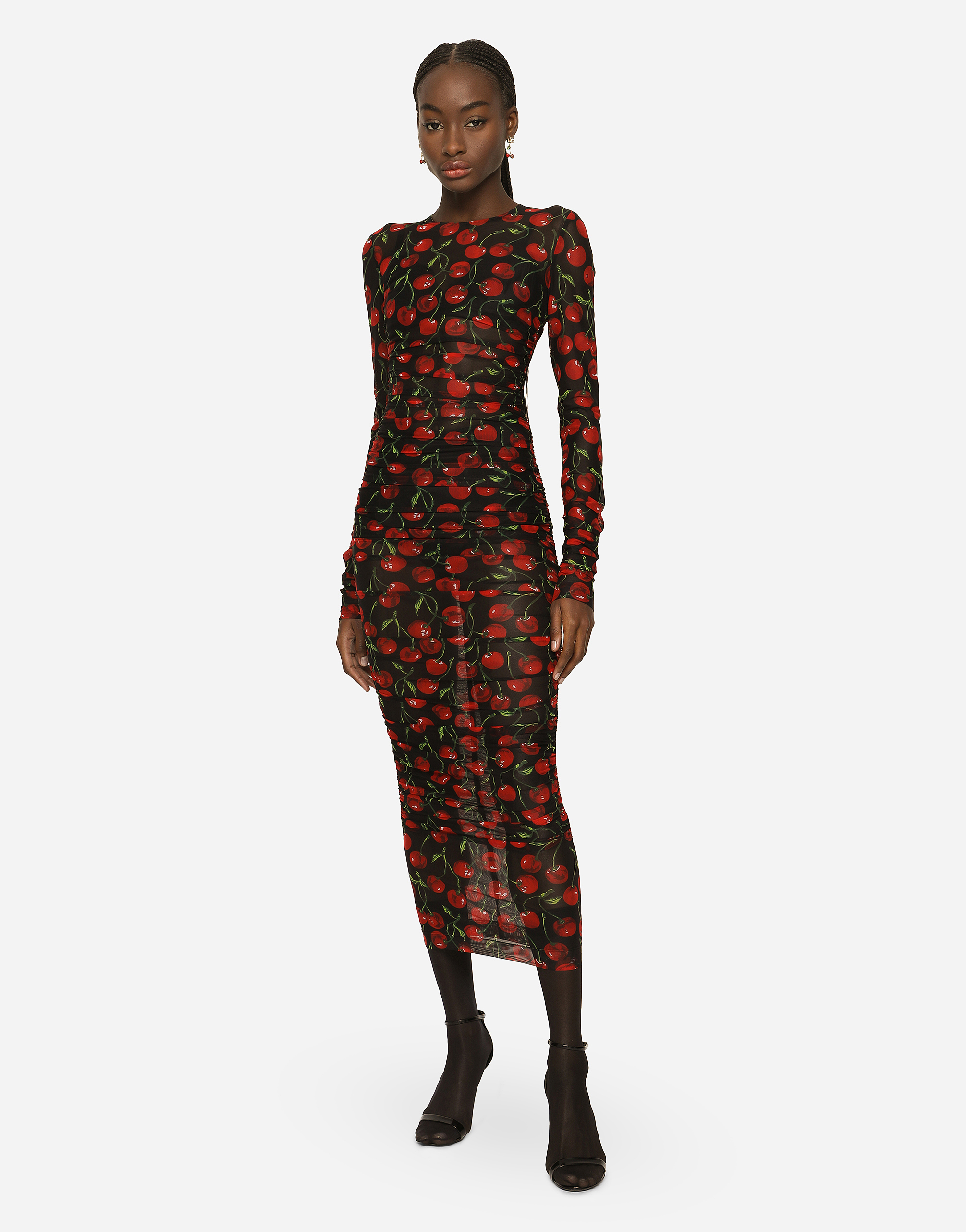 DOLCE & GABBANA CHERRY-PRINT TULLE CALF-LENGTH DRESS WITH DRAPING