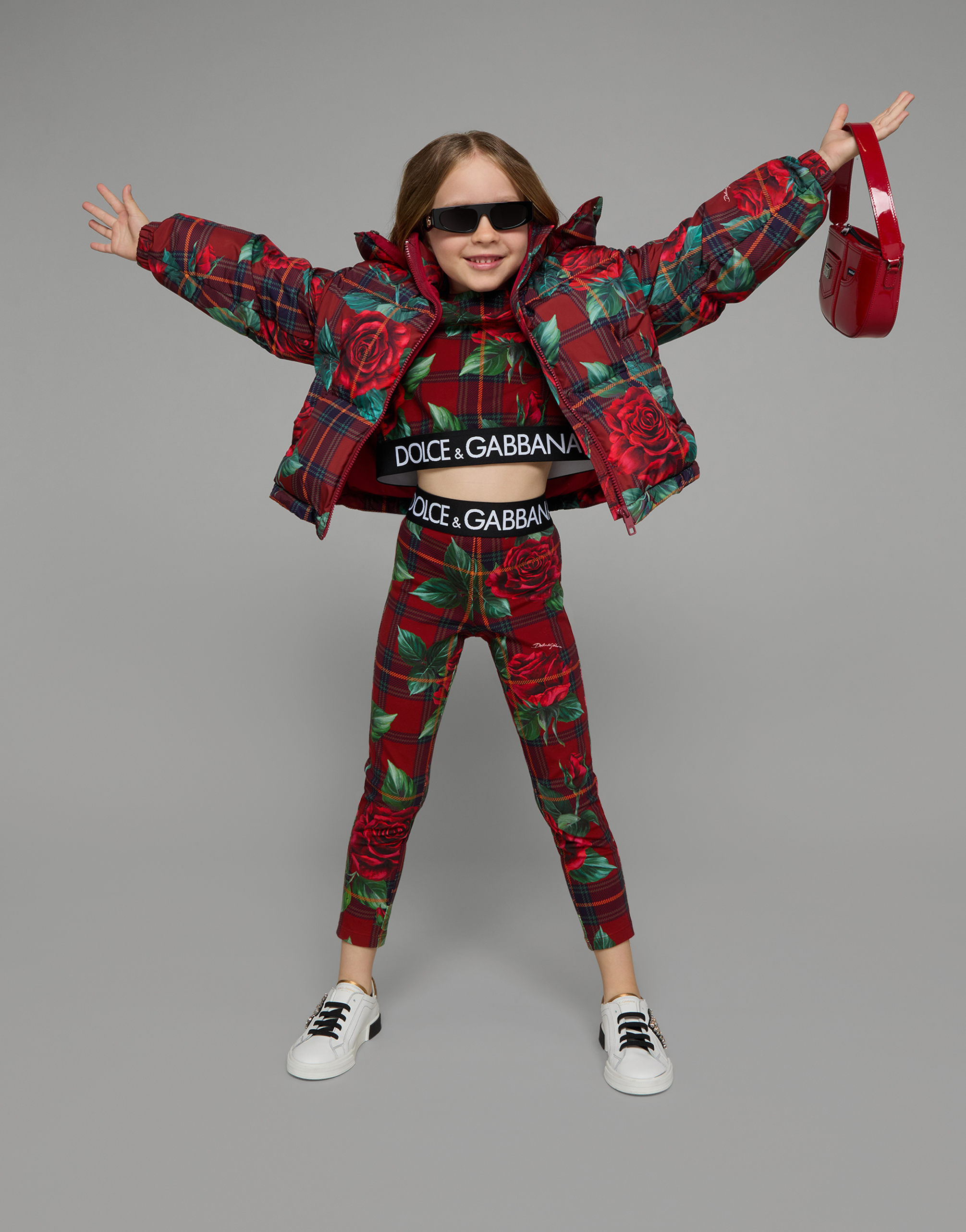 DOLCE & GABBANA INTERLOCK LEGGINGS WITH TARTAN AND ROSE PRINT