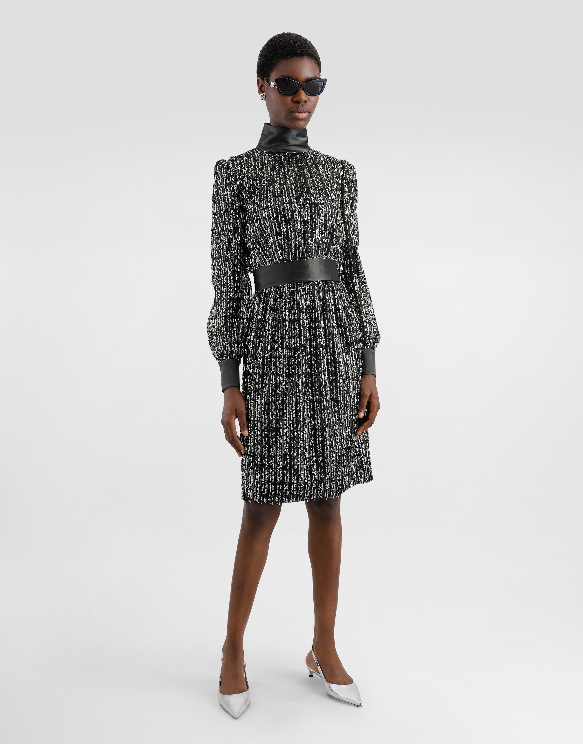 Dolce & Gabbana Midi Dress With Vertical Sequin Stripe Embroidery In Black