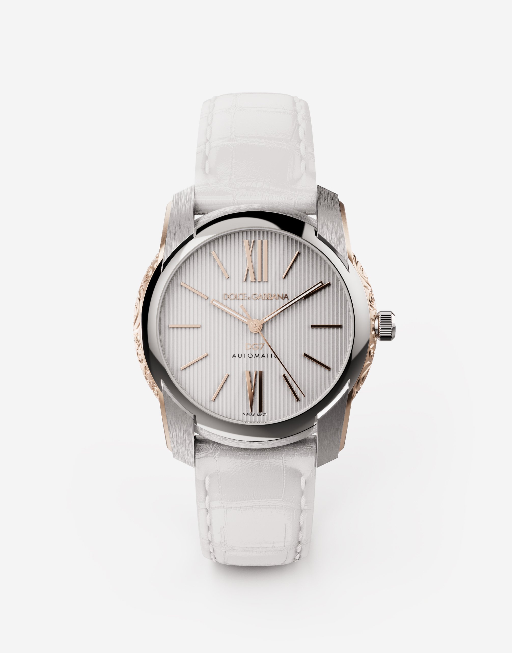 Dolce & Gabbana Dg7 Watch In Steel With Engraved Side Decoration In Gold In White