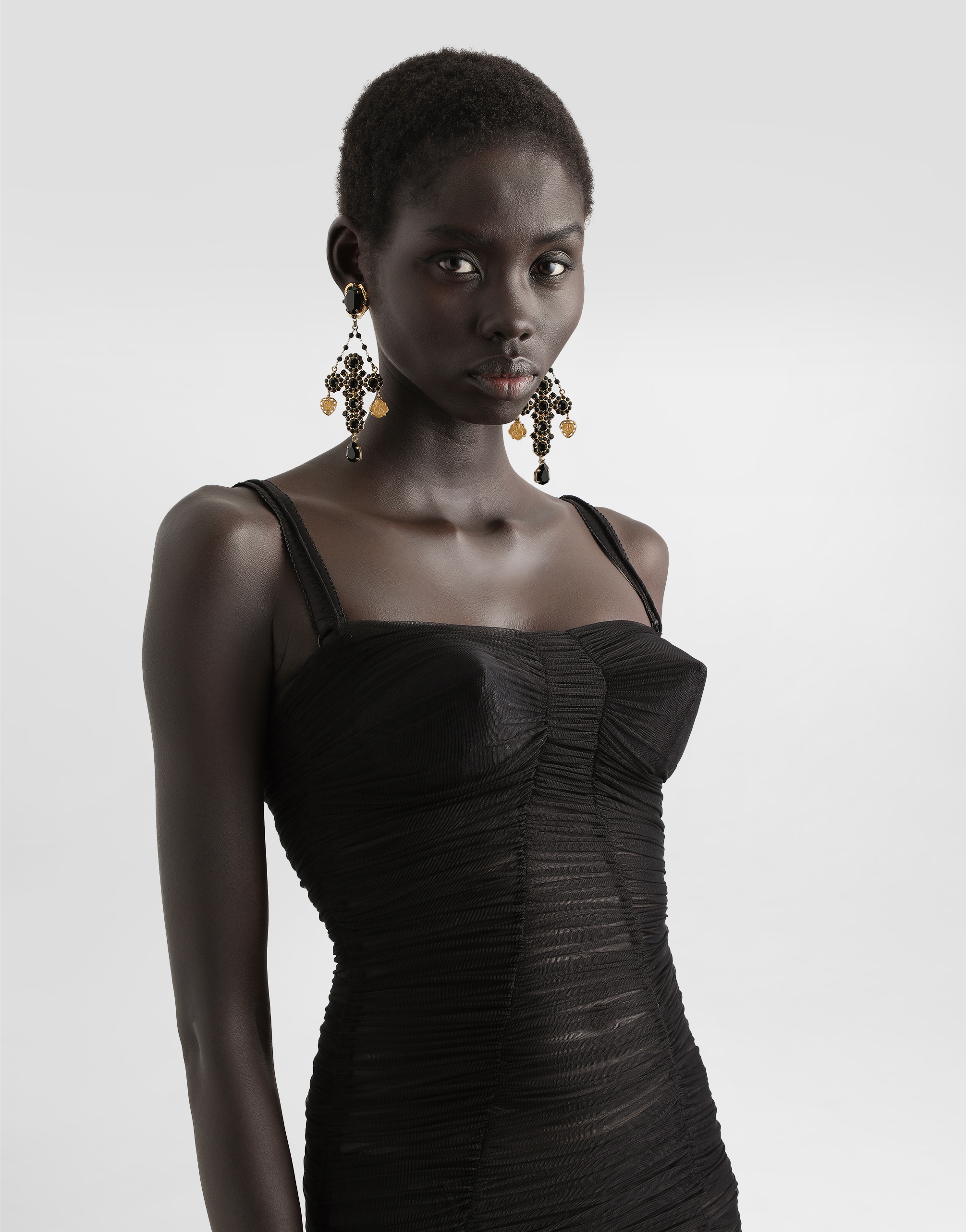 Tulle calf-length dress with draping