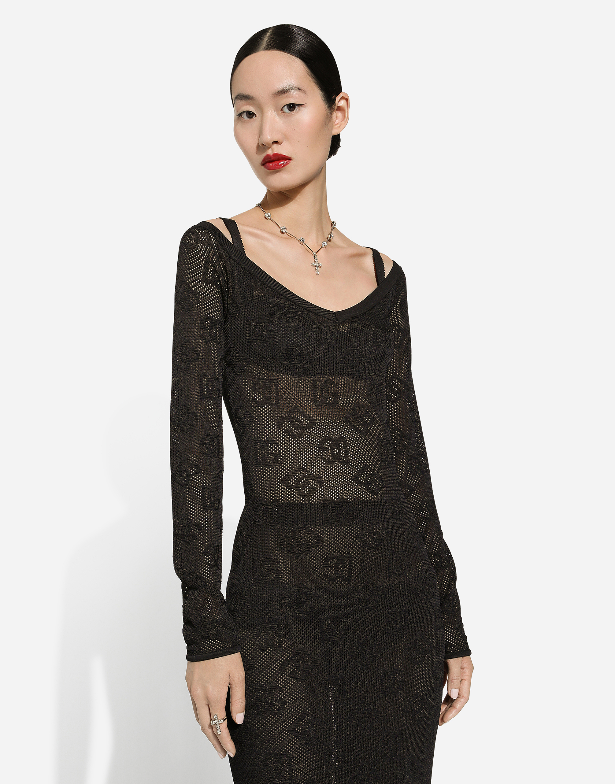 Shop Dolce & Gabbana Mesh-stitch Sheath Dress With Jacquard Dg Logo In Black