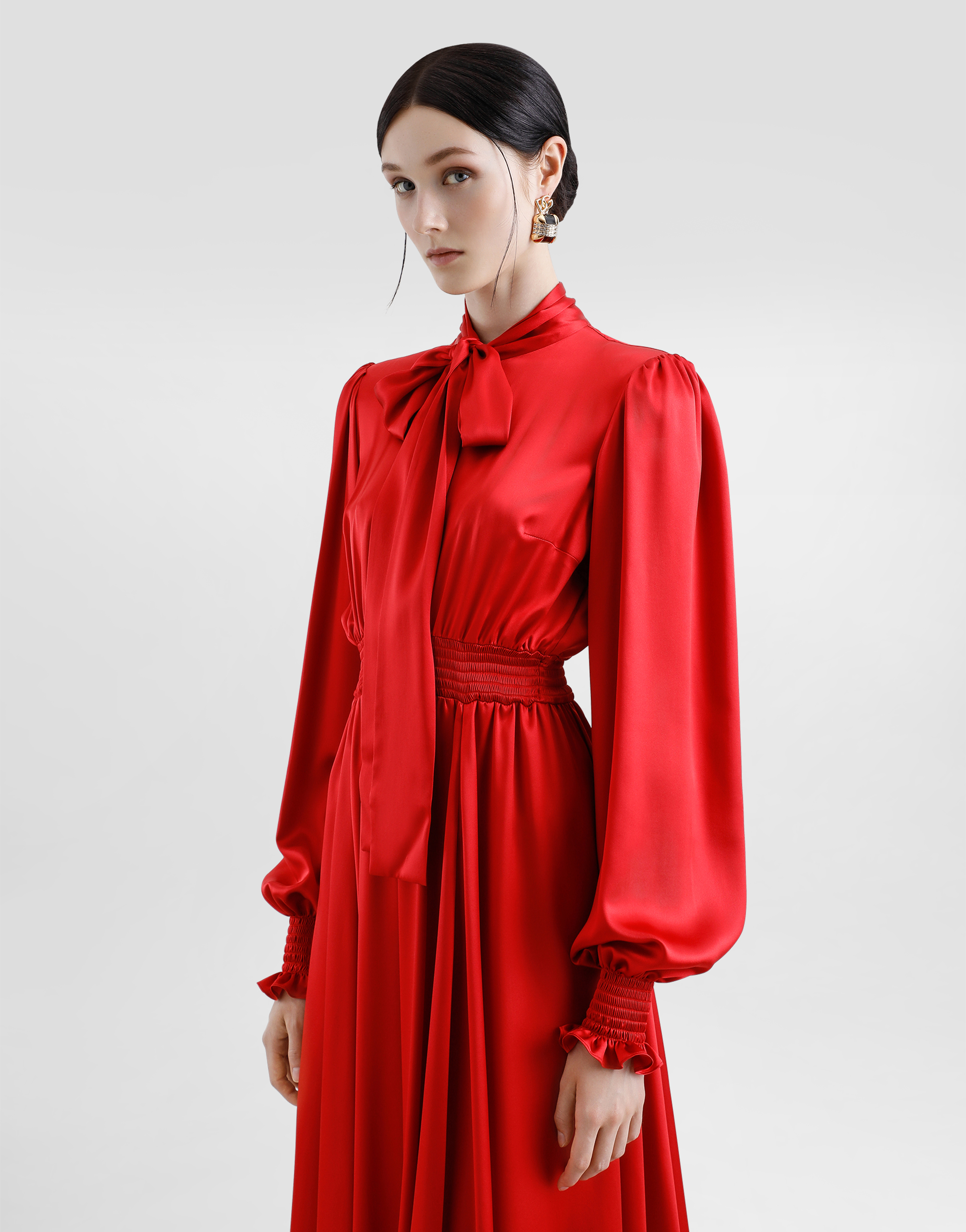 Dolce & Gabbana Silk Satin Shirt Dress With Pussy-bow In Bordeaux