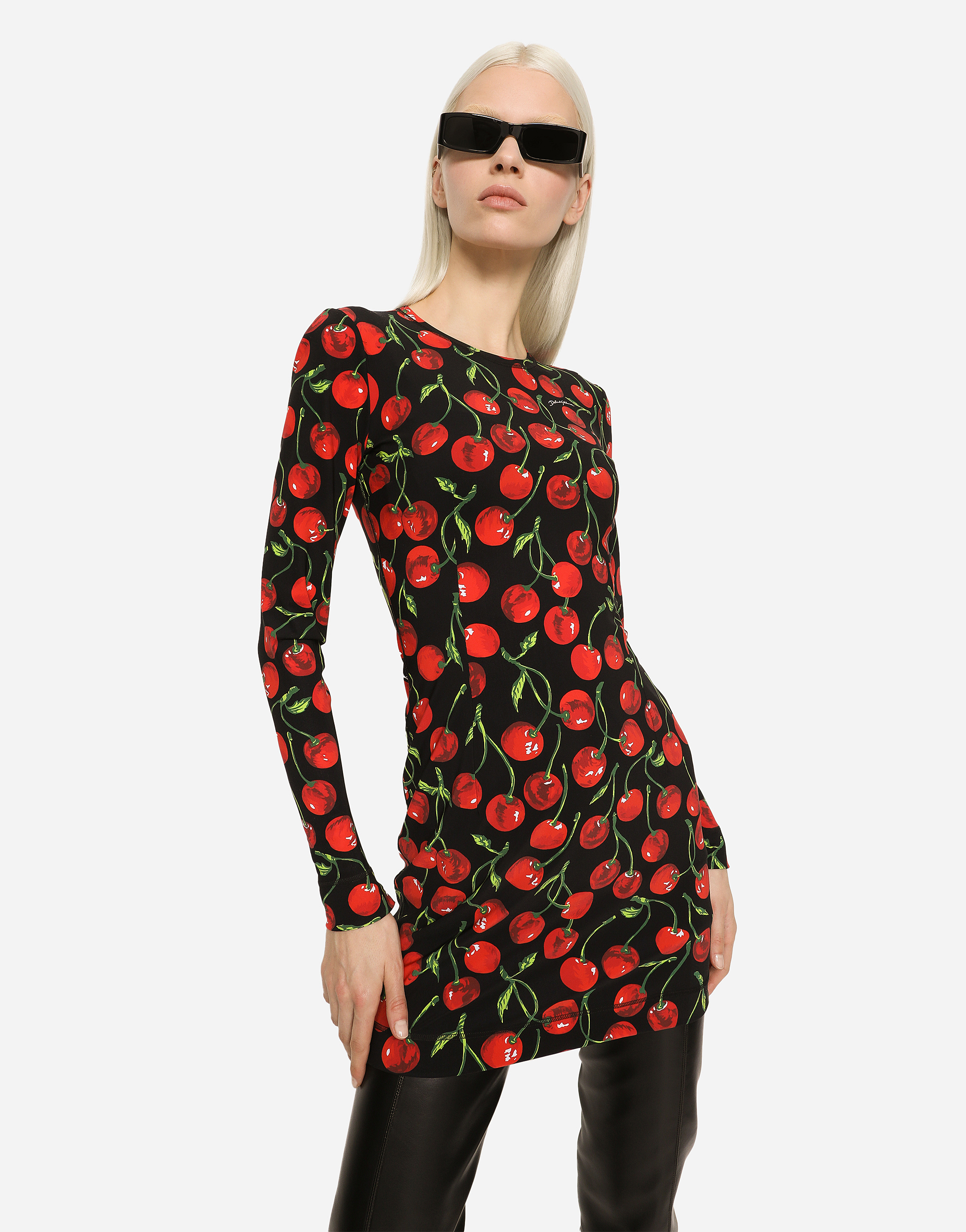 Shop Dolce & Gabbana Short Long-sleeved Jersey Dress With Cherry Print In Multicolor