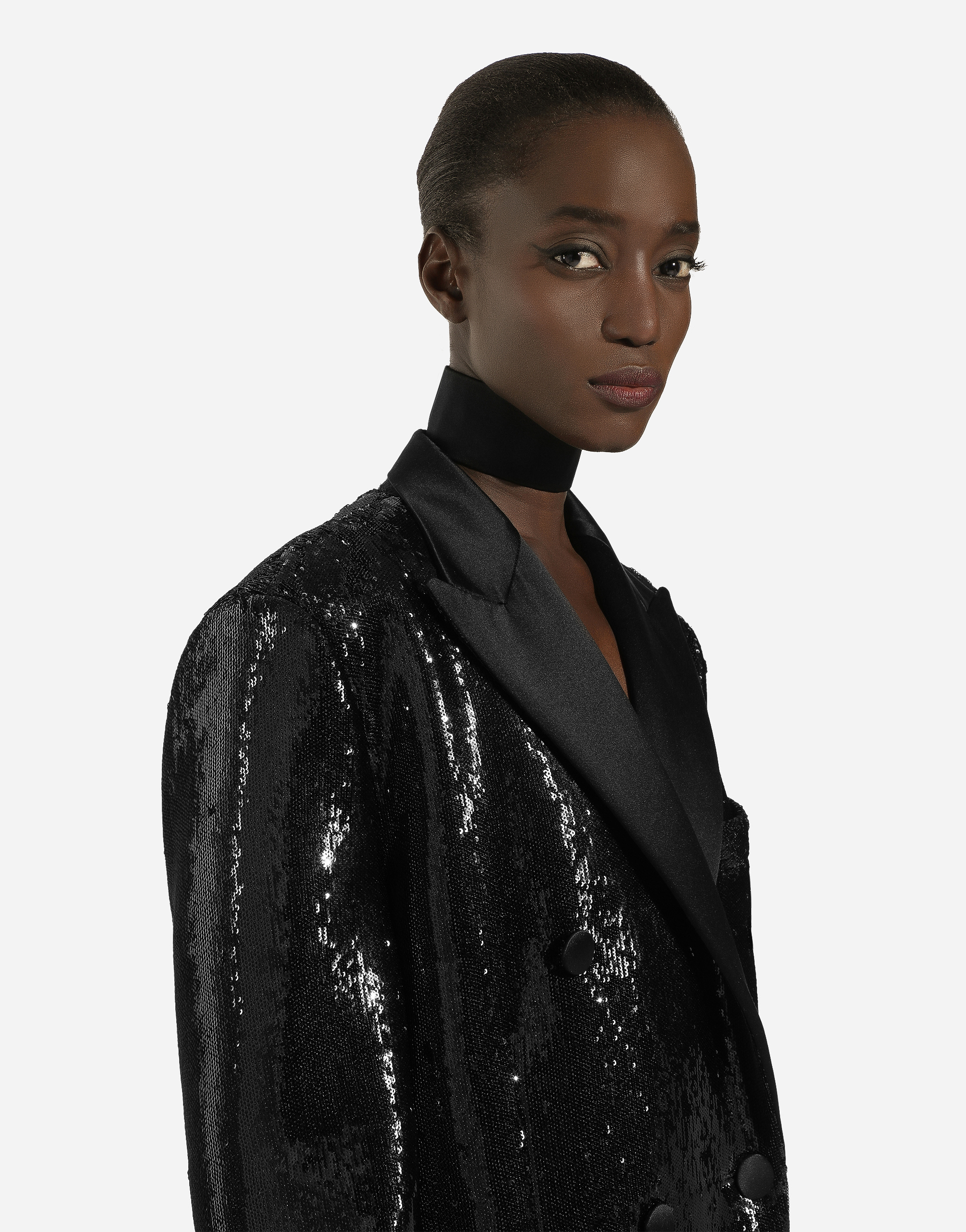 Micro-sequined double-breasted coat