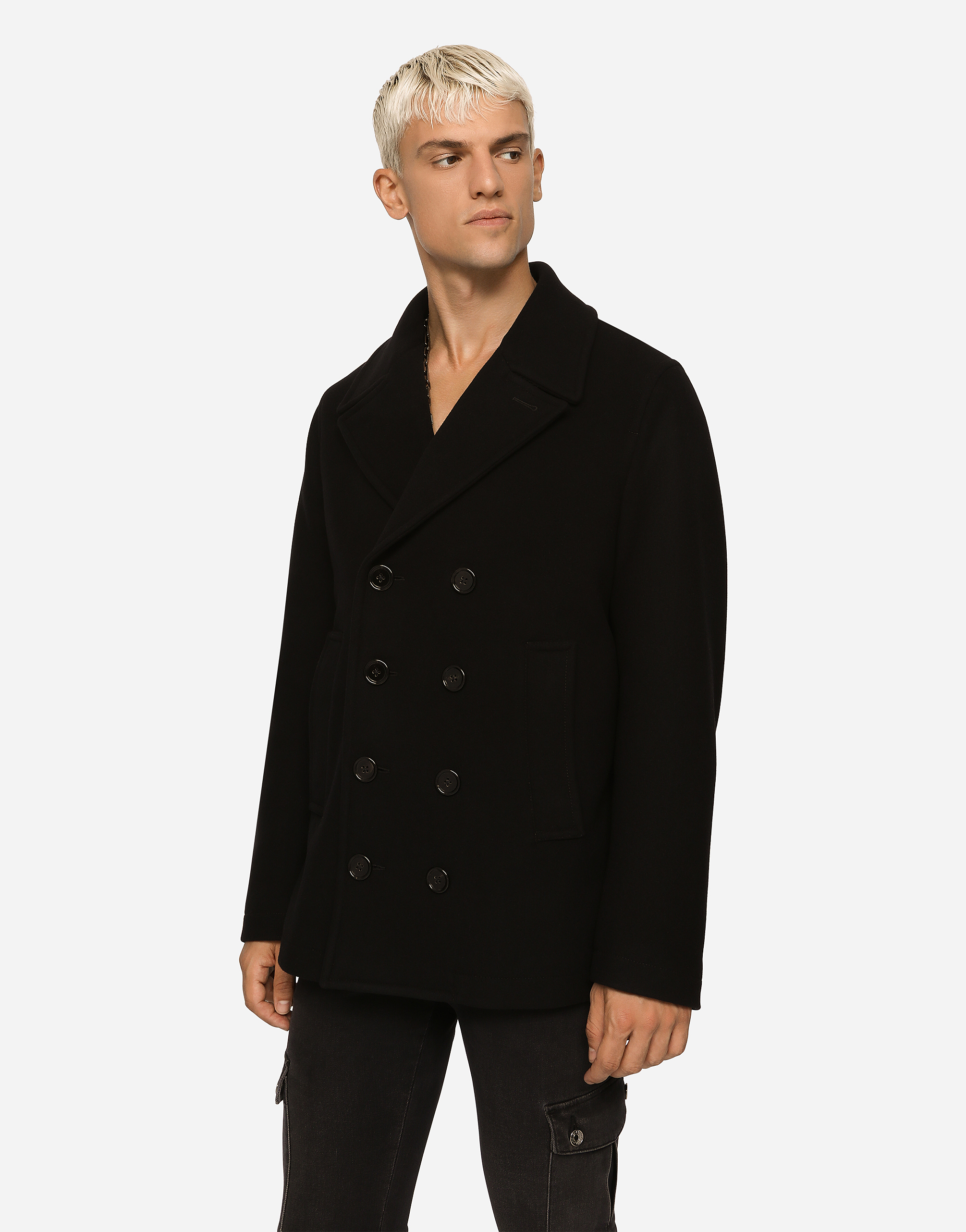 Shop Dolce & Gabbana Double-breasted Wool Pea Coat With Branded Tag In Black