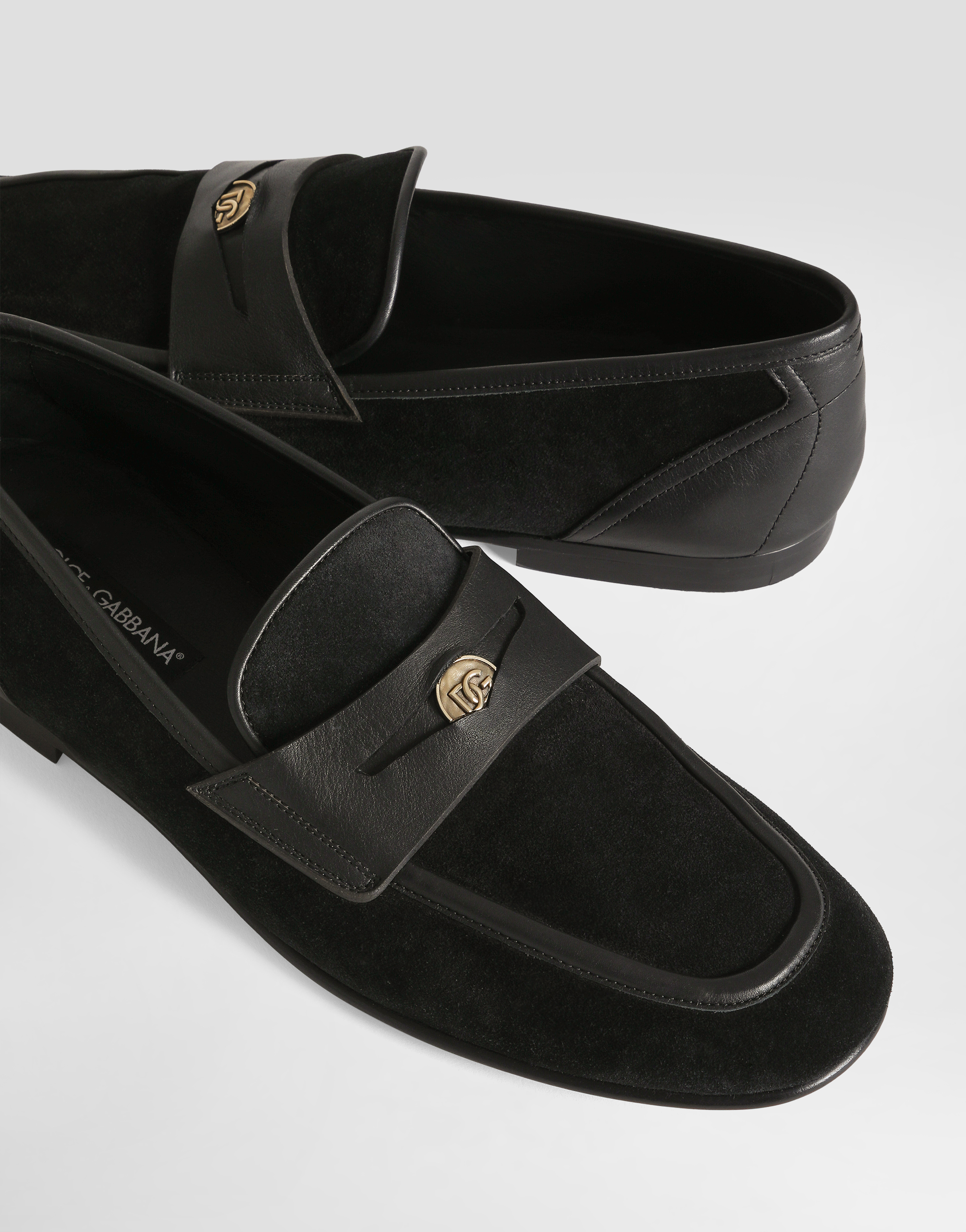 Dolce & Gabbana Ariosto Black Loafers With Metallic Dg Logo Plate On The Front In Leather And Suede Man In Multi