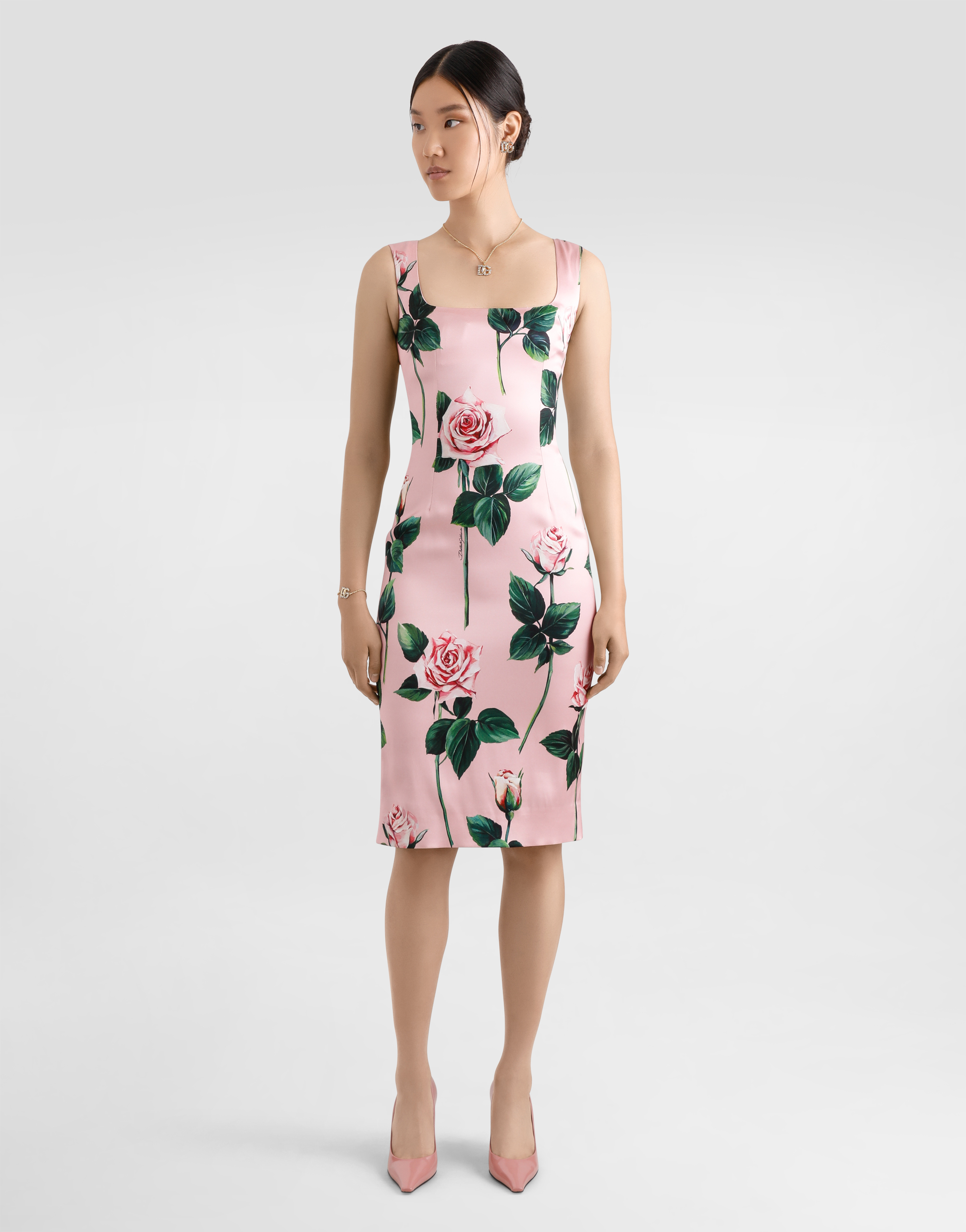 Shop Dolce & Gabbana Satin Calf-length Sheath Dress With Rose Print