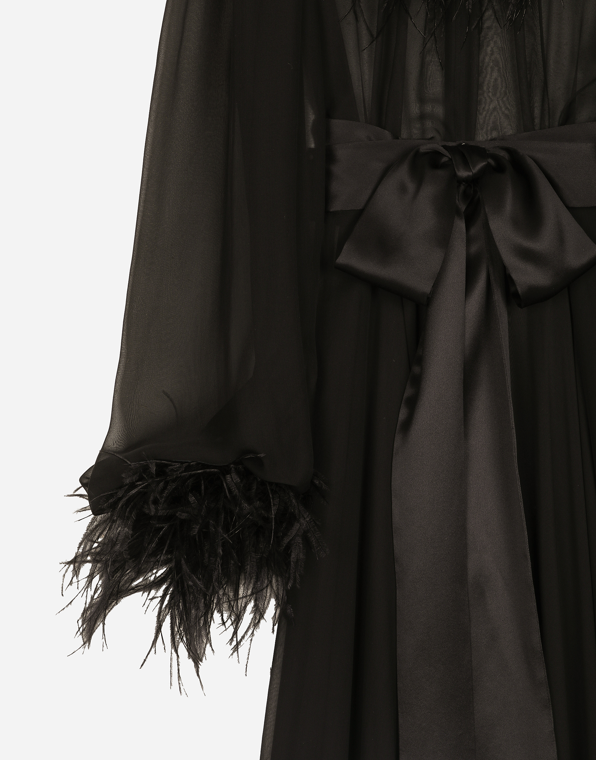 Long silk chiffon dress with ostrich feather details