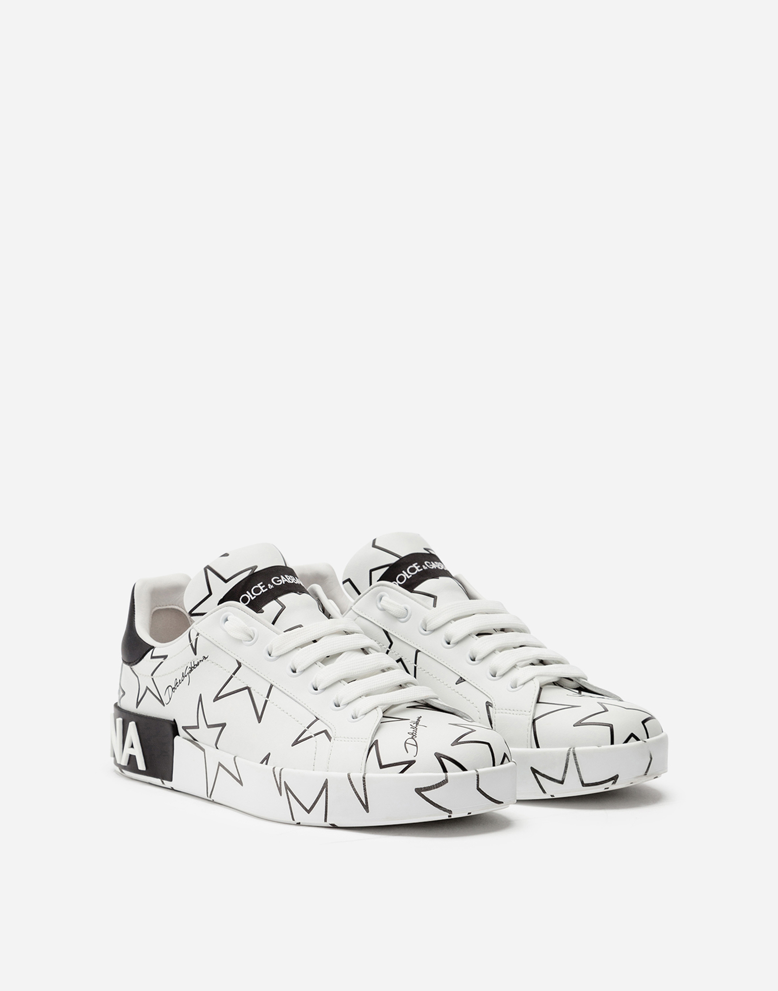 DOLCE & GABBANA MIXED STAR PRINT PORTOFINO SNEAKERS IN NAPPA LEATHER