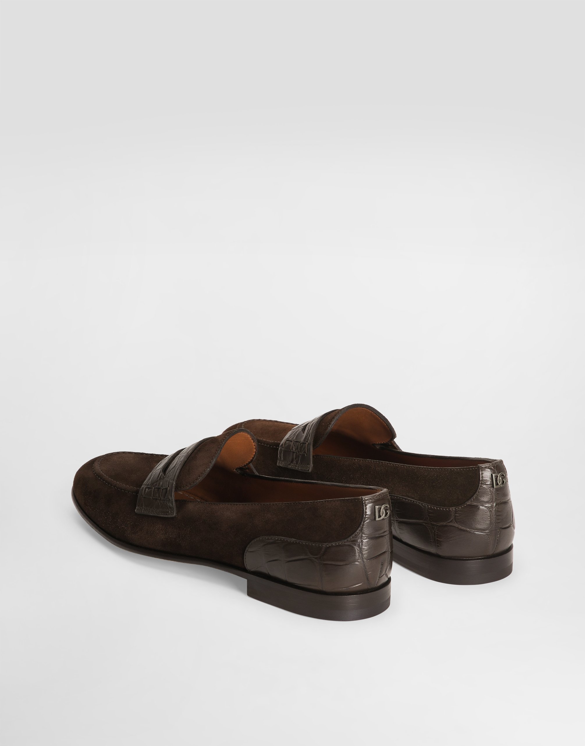 Split calfskin and alligator slippers