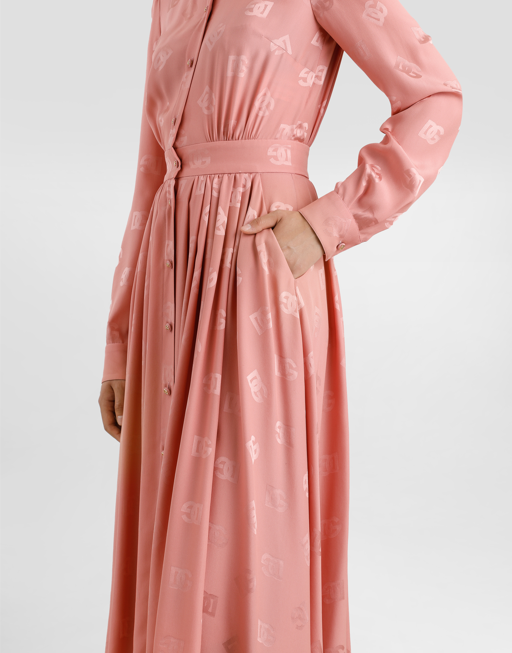 Dolce & Gabbana Silk Satin Jacquard Shirt Dress With Dg Logo In Pink