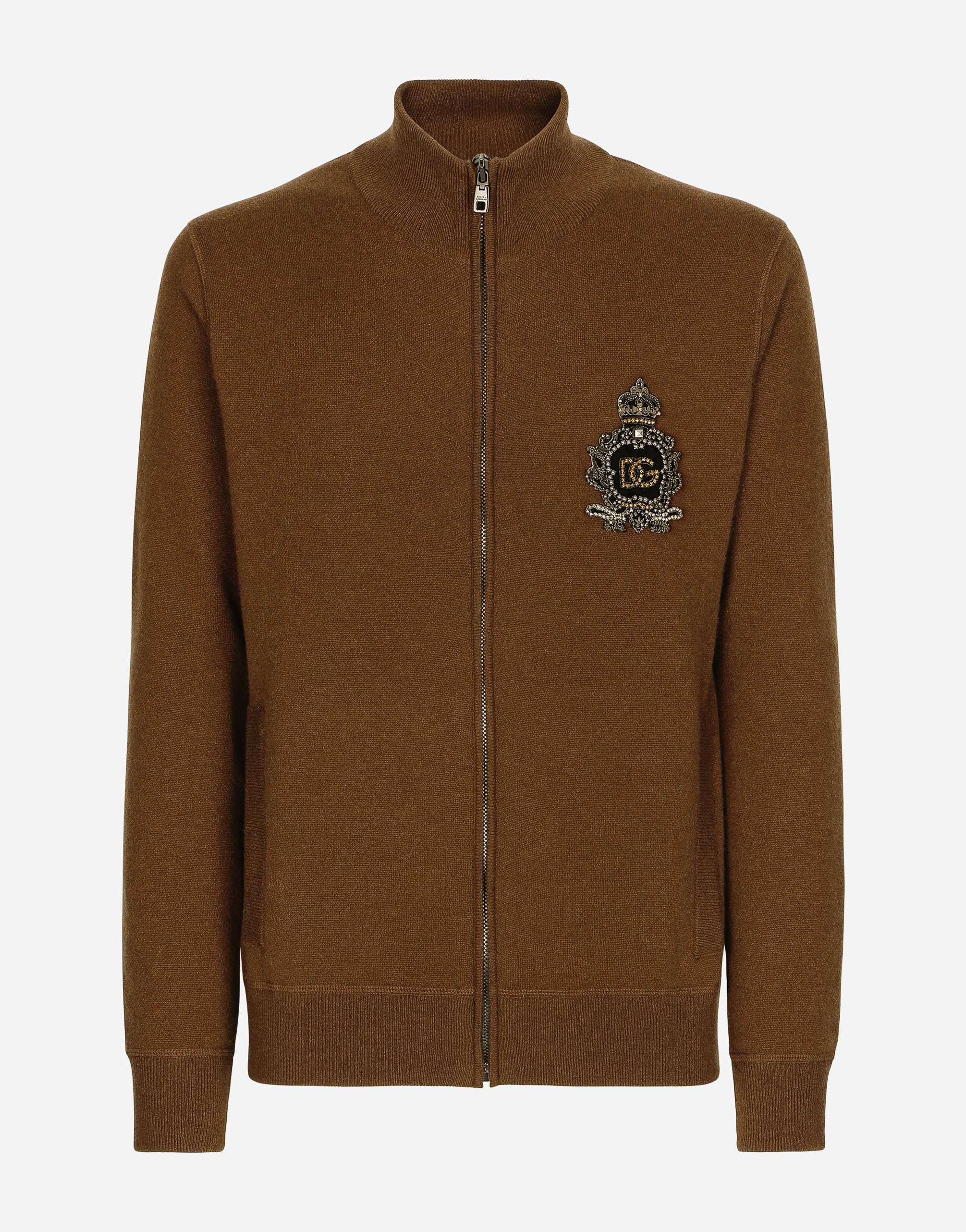 Dolce & Gabbana Wool And Cashmere Knit Zip-up Sweater With Dg Patch In Brown