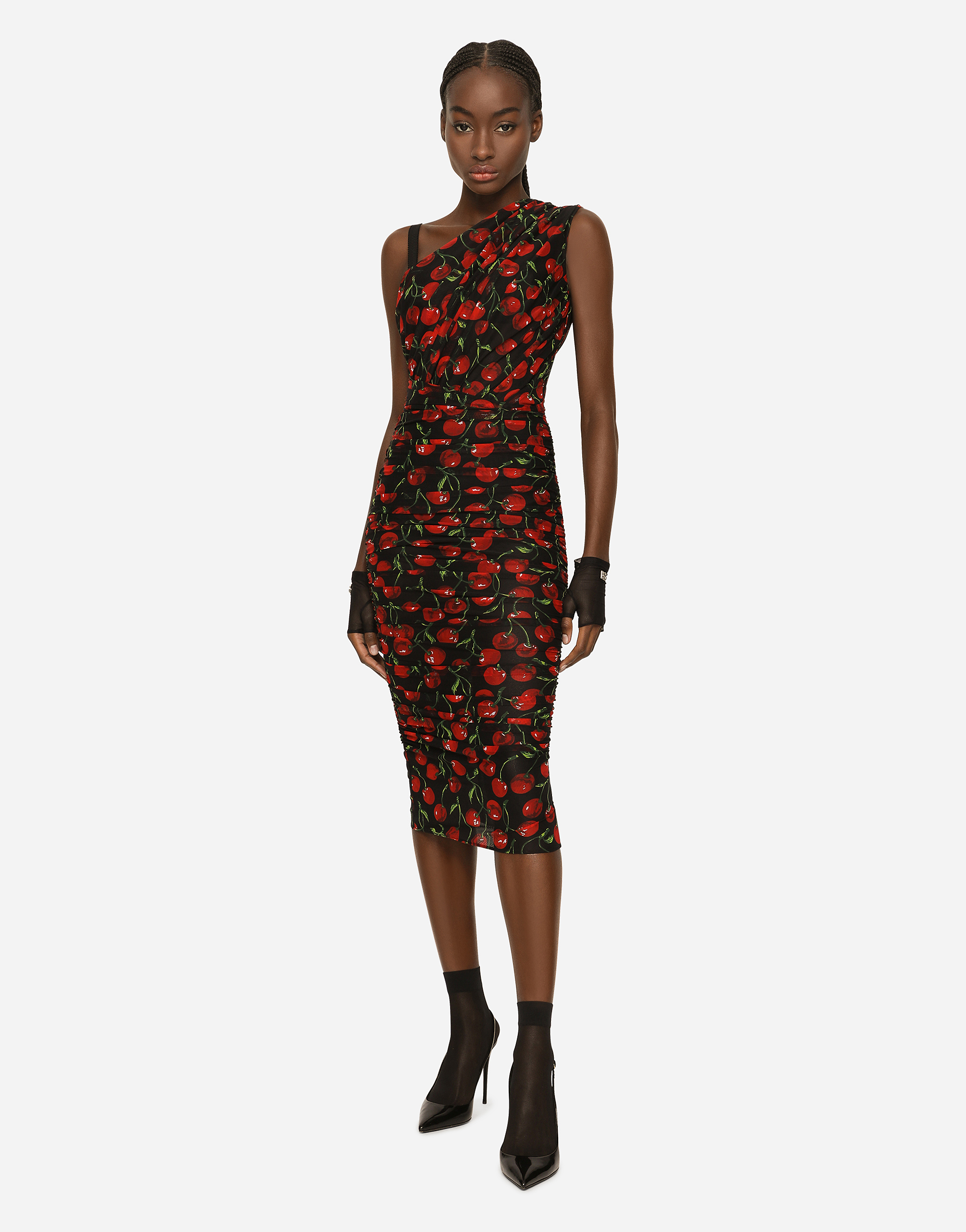 DOLCE & GABBANA ONE-SHOULDER TULLE MIDI DRESS WITH CHERRY PRINT AND DRAPING