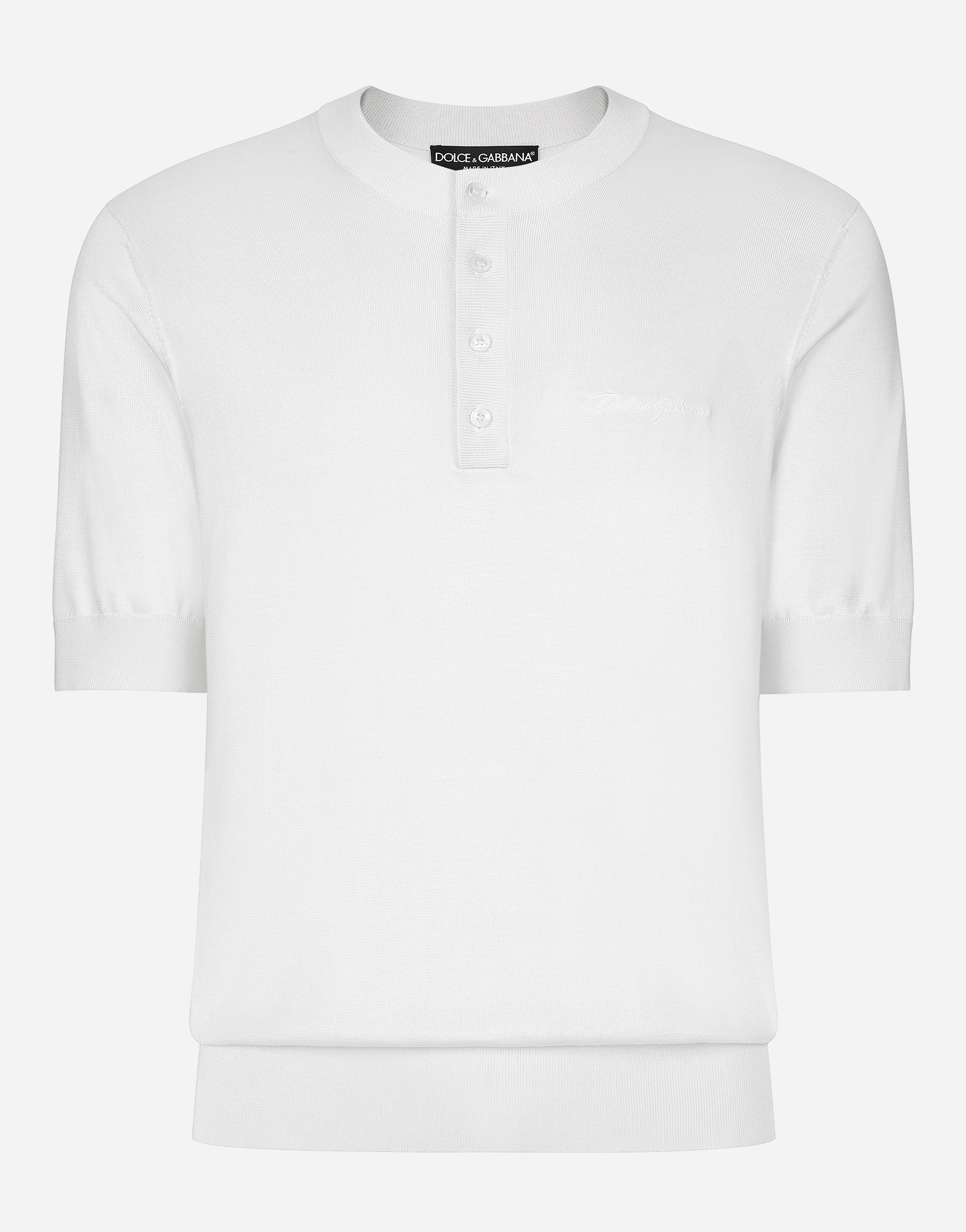Dolce & Gabbana Silk Granddad-neck Sweater With Logo Embroidery - Man Sweaters And Cardigans White