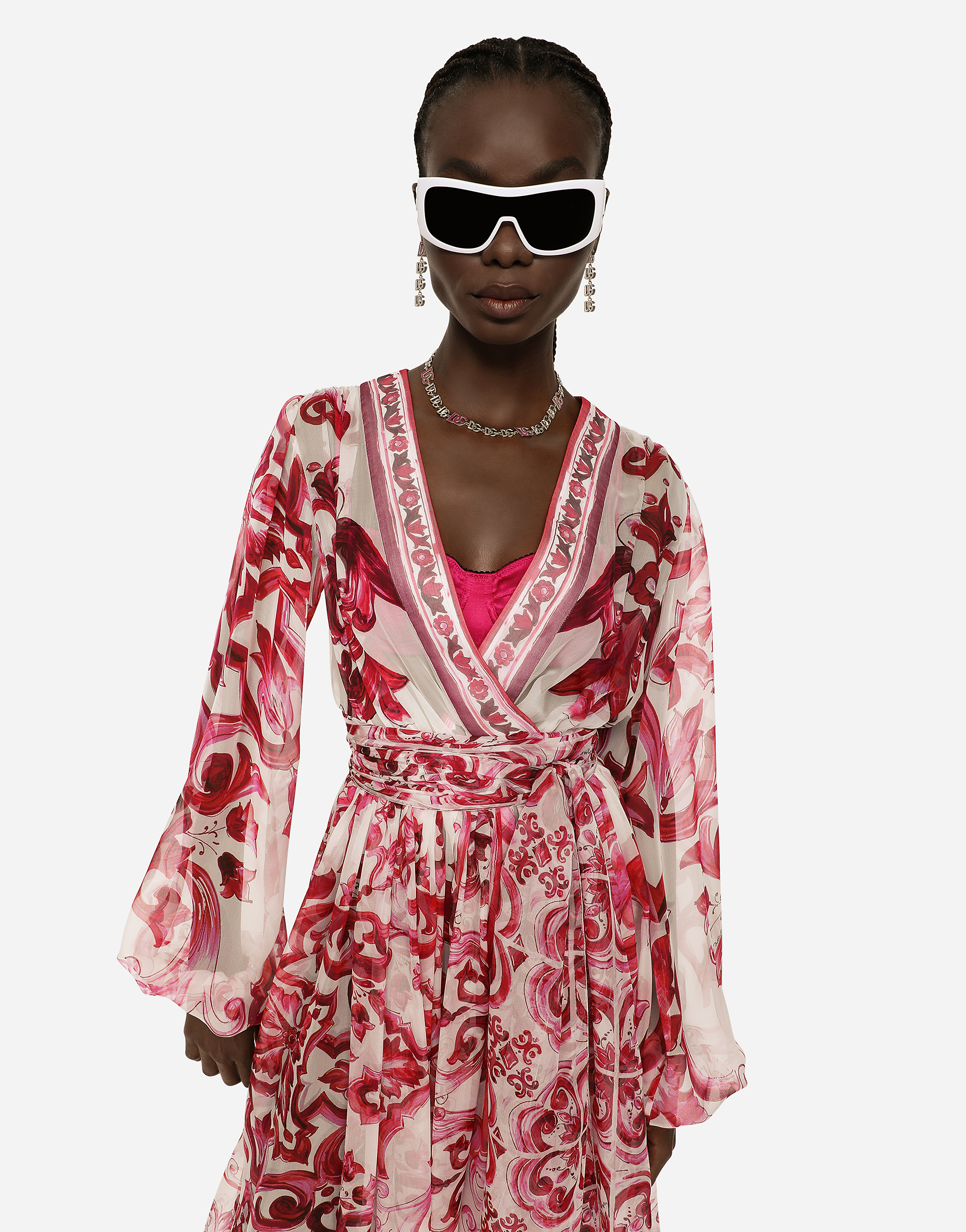 DOLCE & GABBANA MAJOLICA-PRINT CHIFFON MIDI DRESS