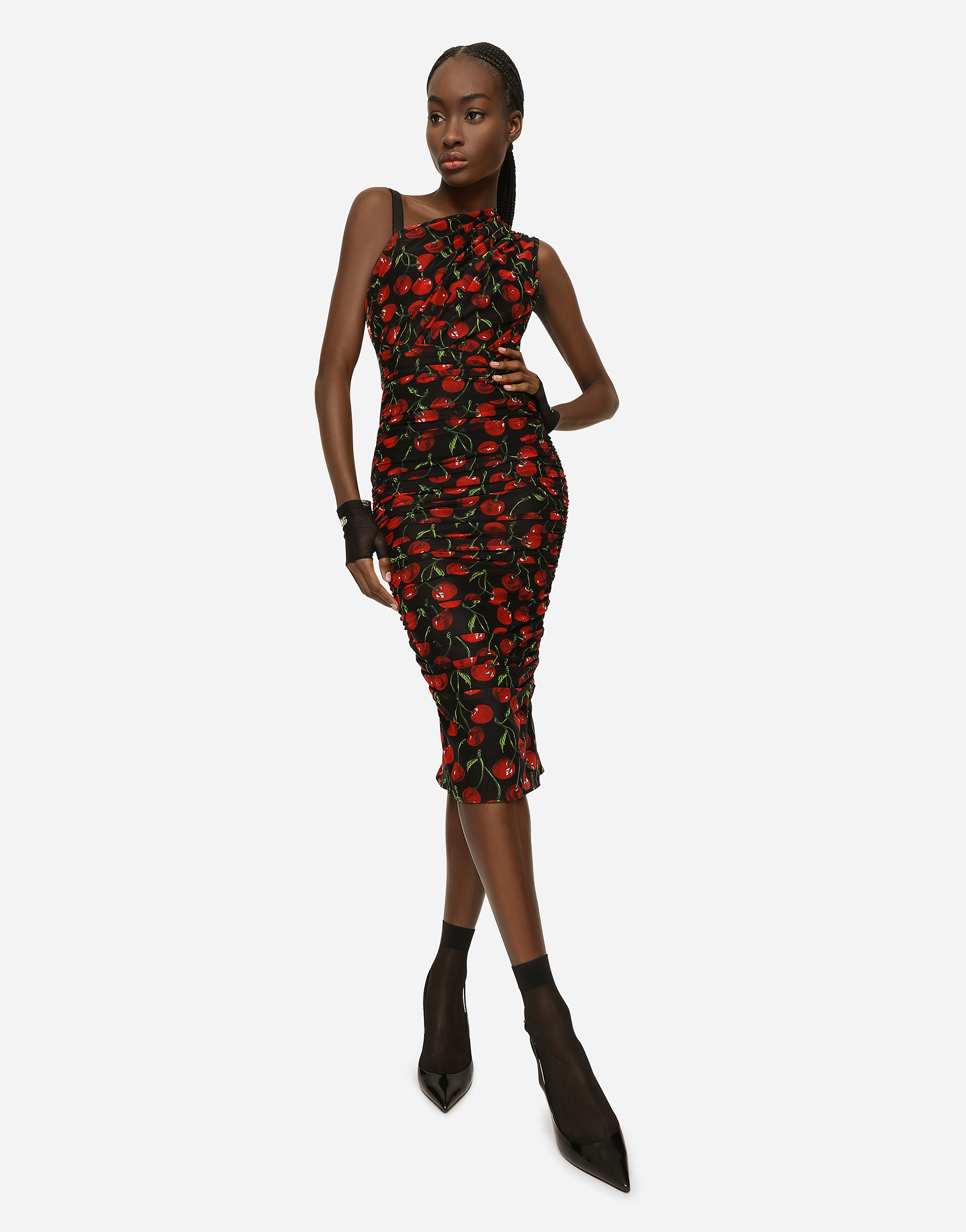 DOLCE & GABBANA ONE-SHOULDER TULLE MIDI DRESS WITH CHERRY PRINT AND DRAPING