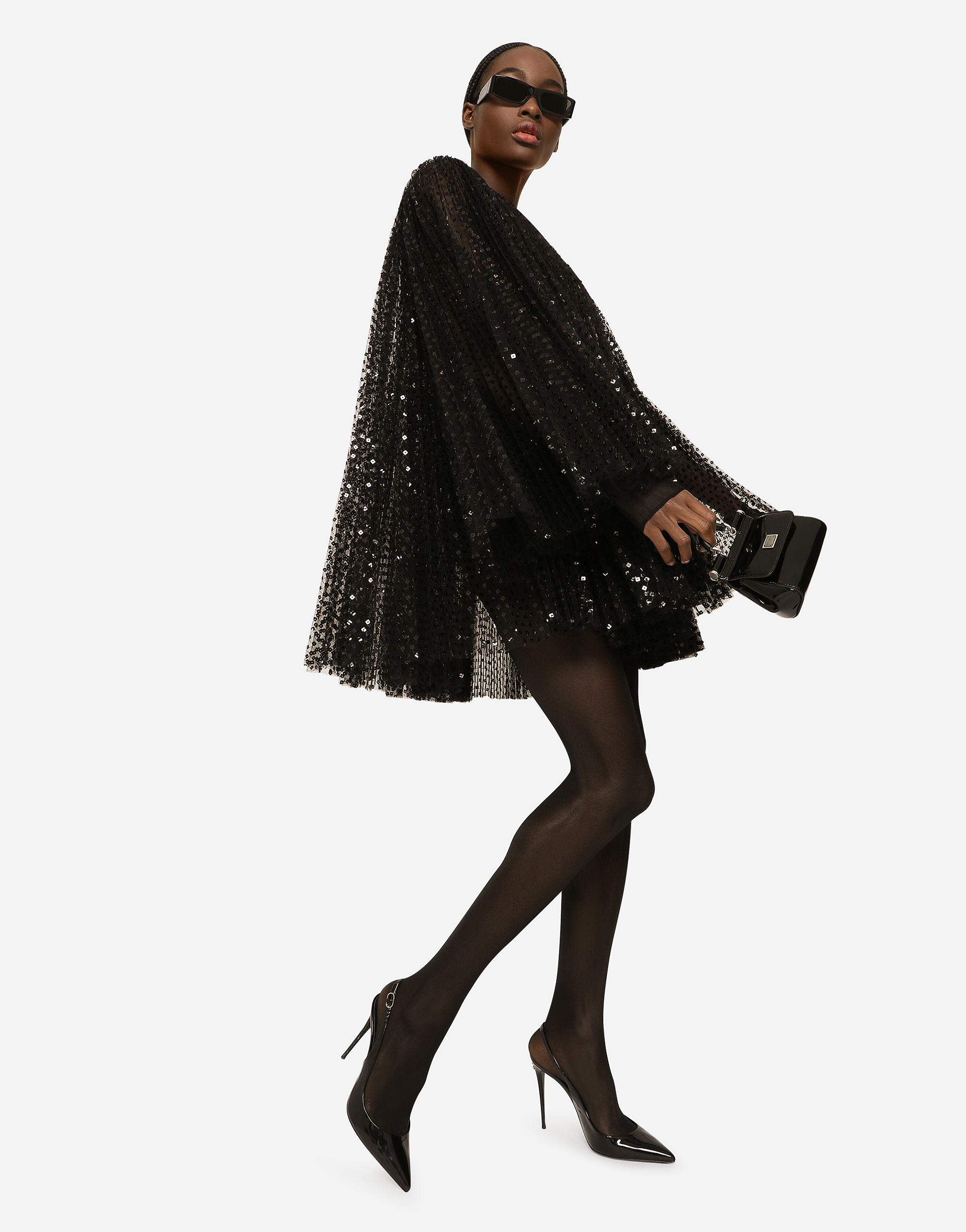 DOLCE & GABBANA SHORT PLEATED DRESS WITH FULL SEQUINED SLEEVES