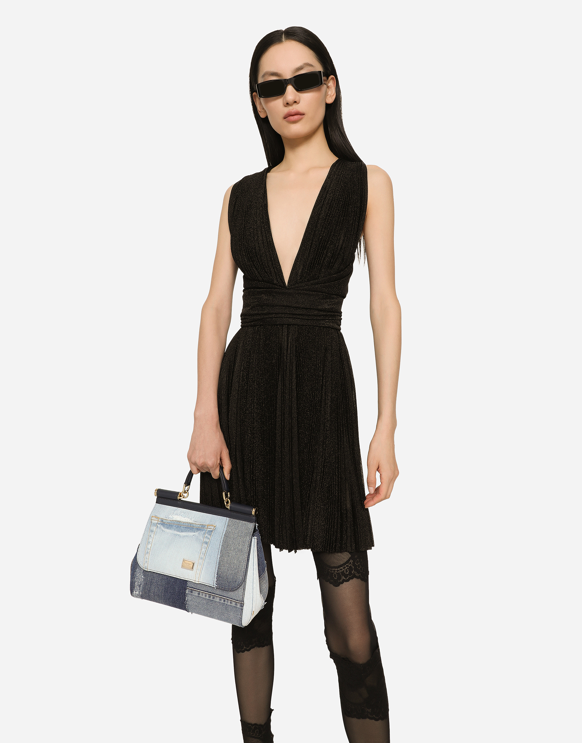 Dolce & Gabbana Short Pleated Lurex Mesh Dress In Black