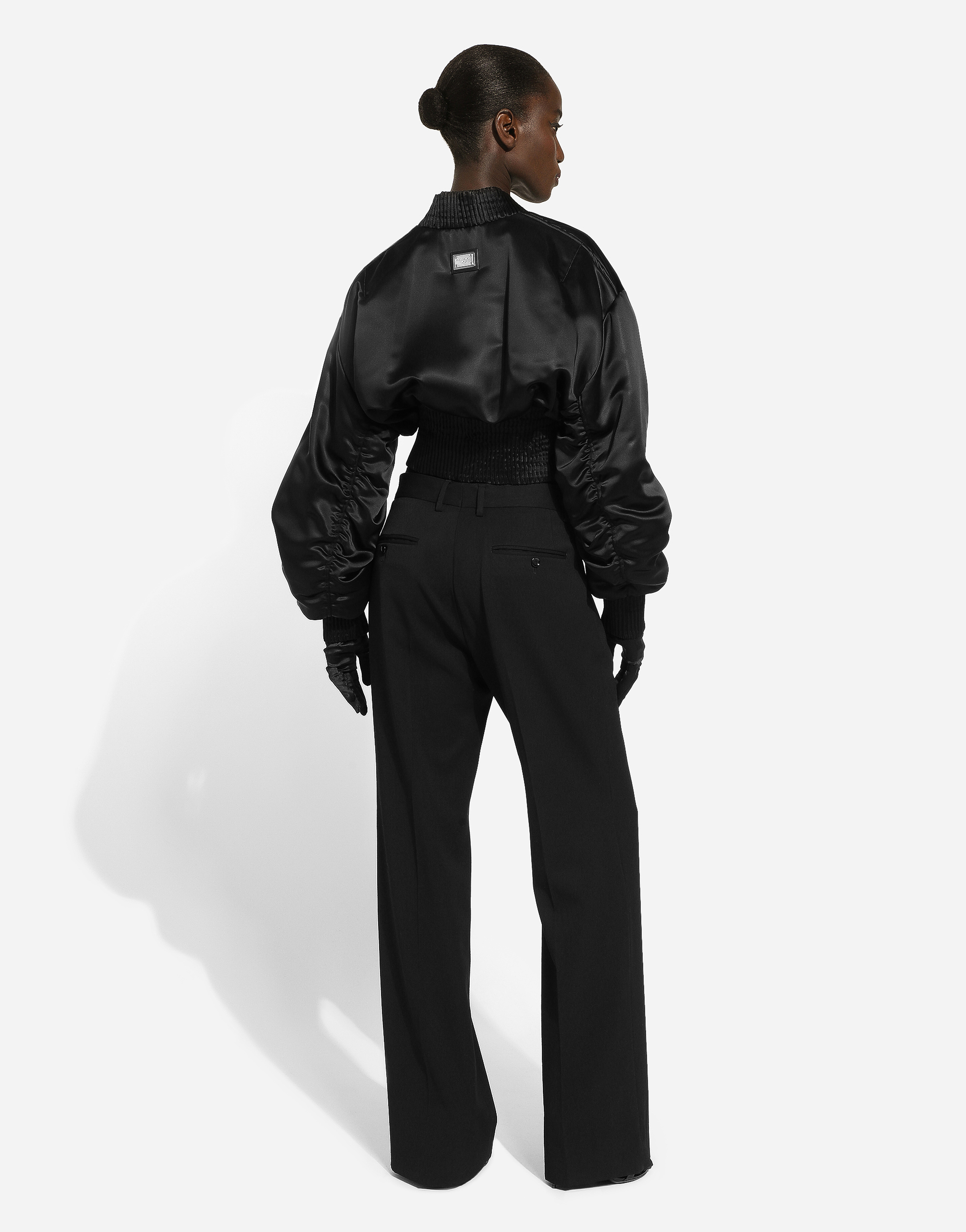 Short duchesse bomber jacket with draped sleeves