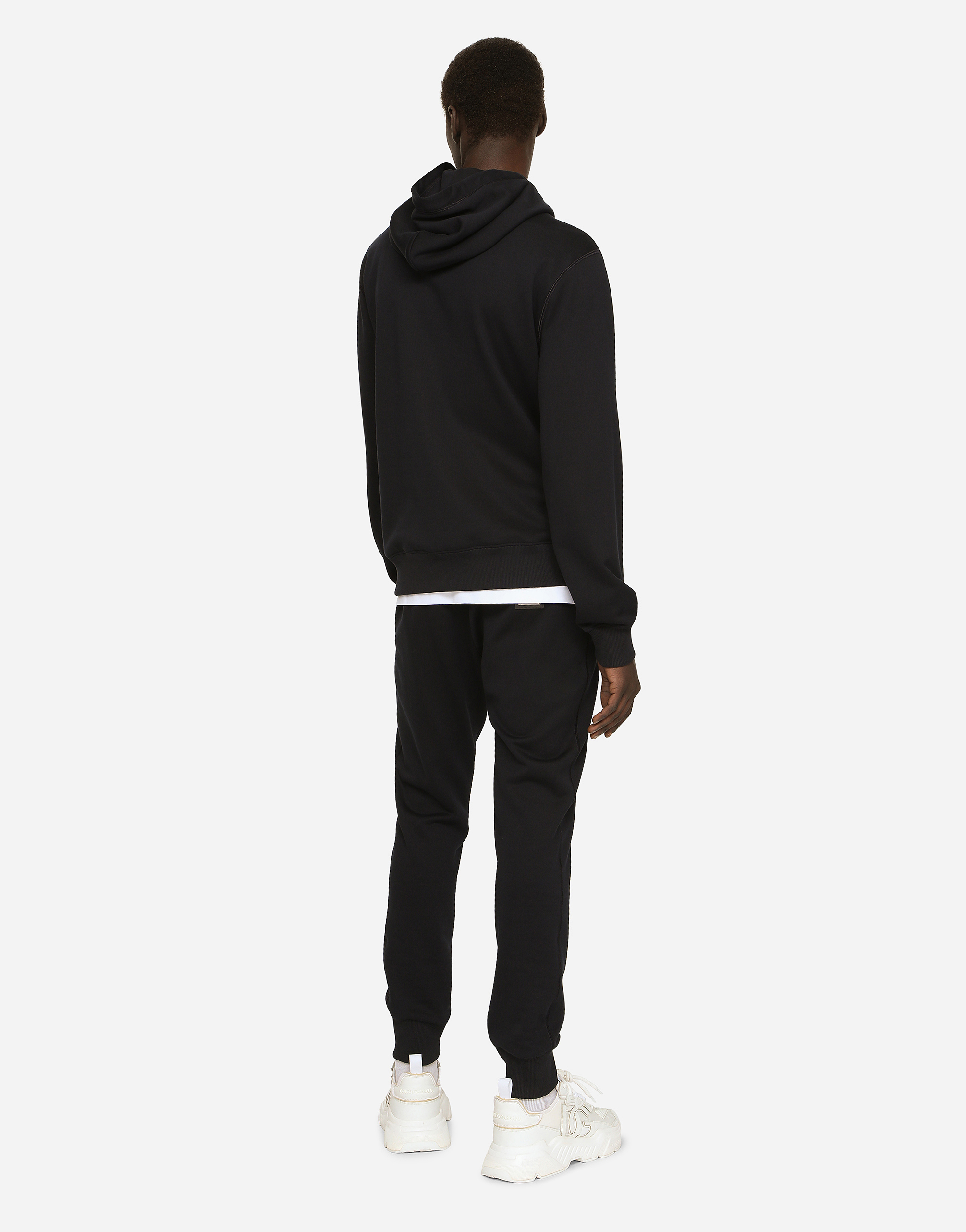 Dolce & Gabbana Black Hoodie With Plated Logo On The Chest In Blue