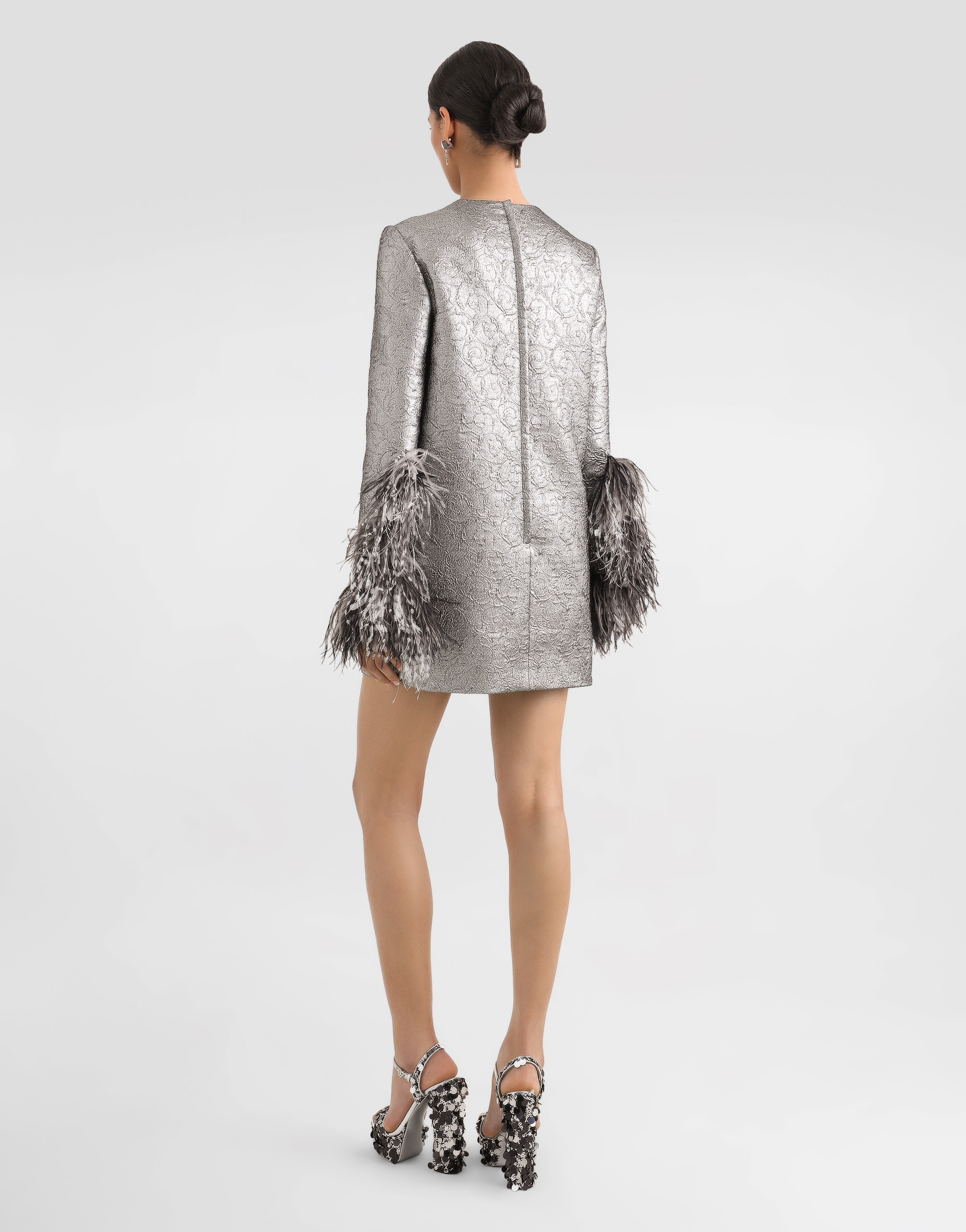 Dolce & Gabbana Feather-trim Mini Dress In Silver
