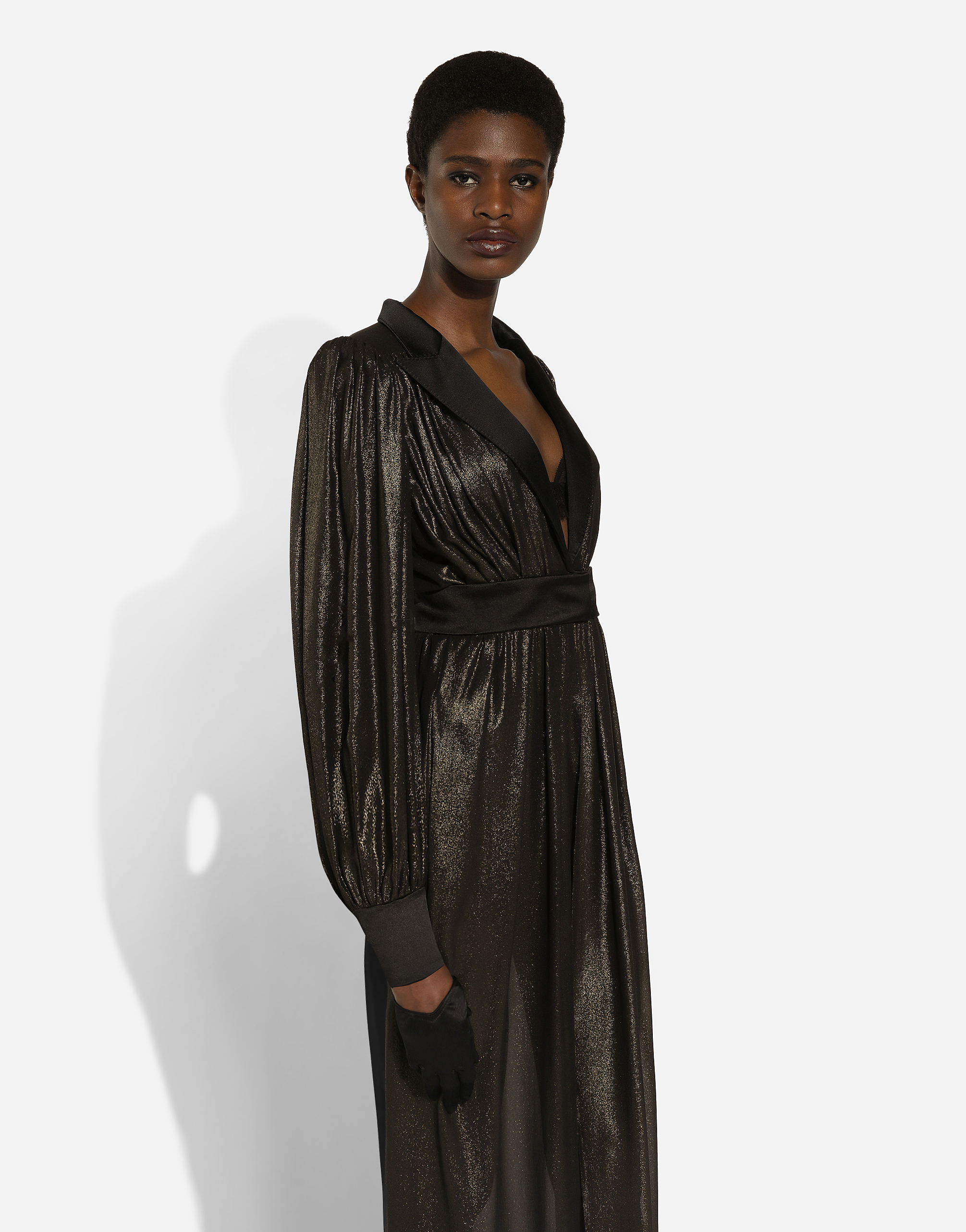 Dolce & Gabbana Long Foiled Silk Georgette Tuxedo Dress In Gold