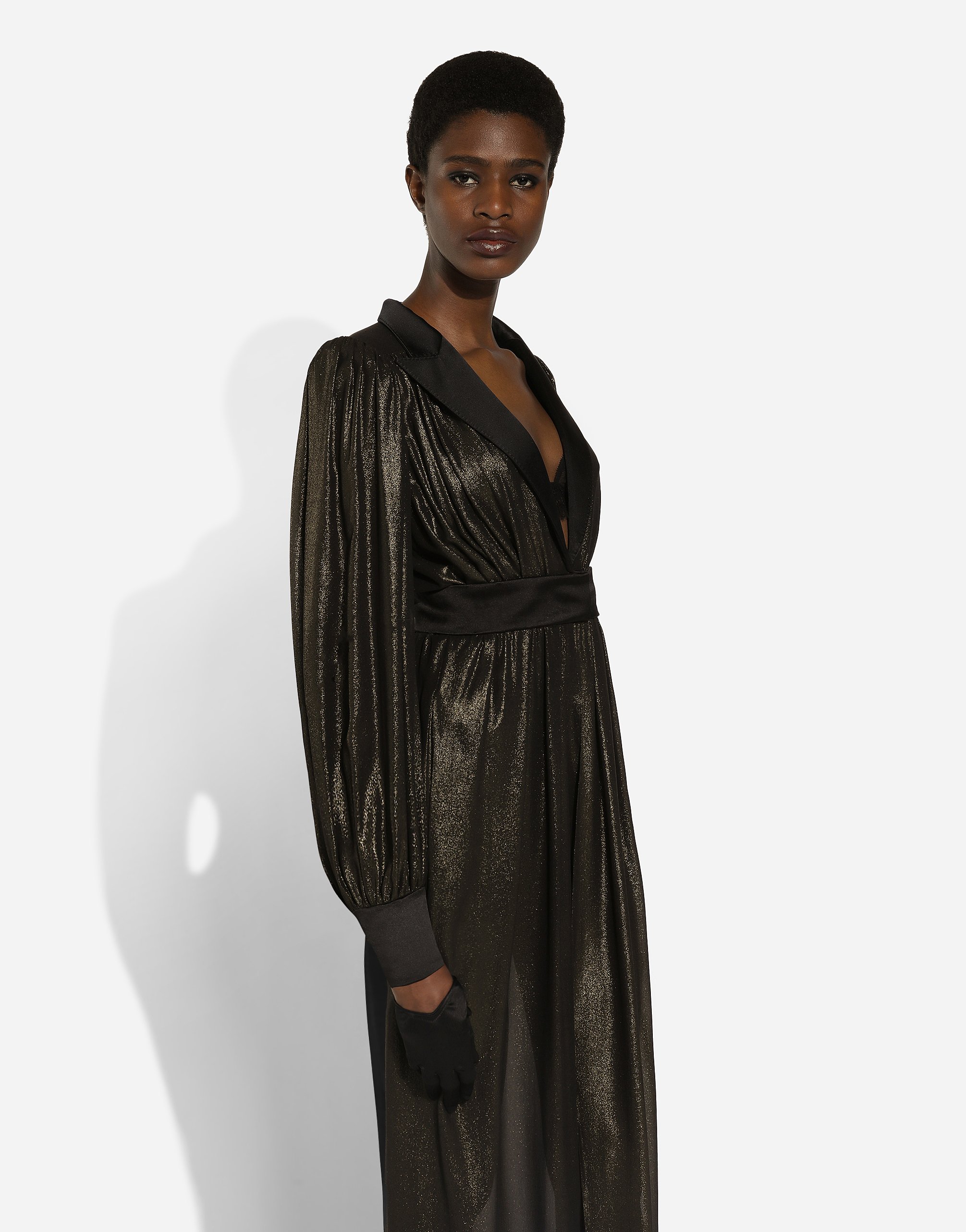 Dolce & Gabbana Long Foiled Silk Georgette Tuxedo Dress In Gold